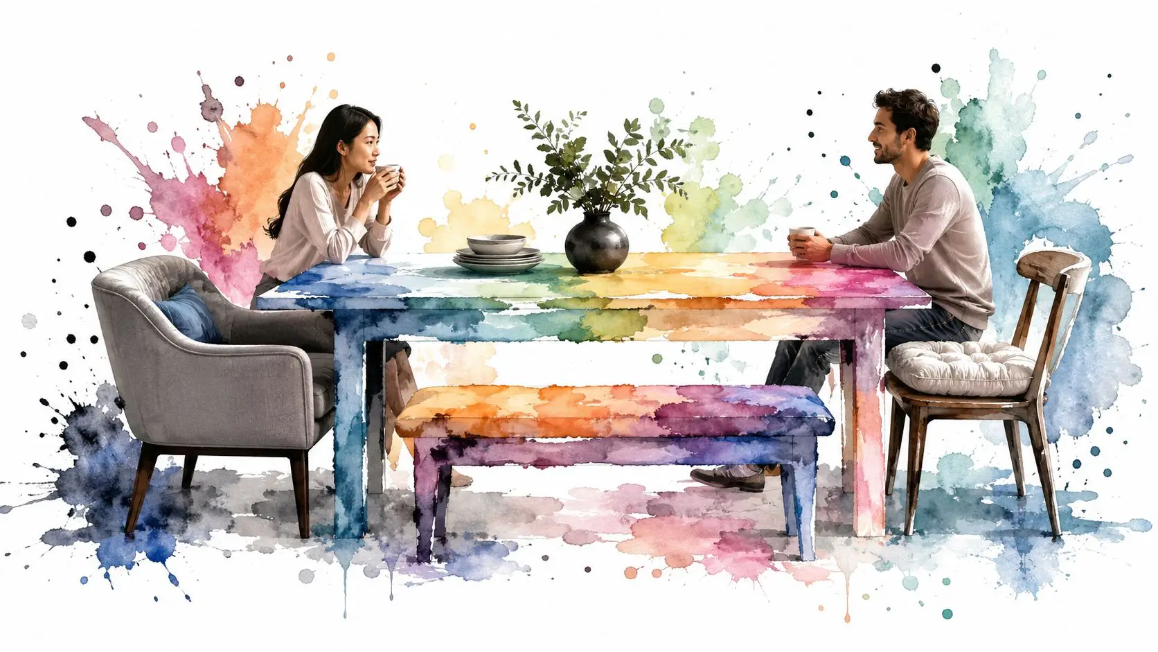 A couple sits at a colorful watercolor dining table with chairs and a bench in a bright space.