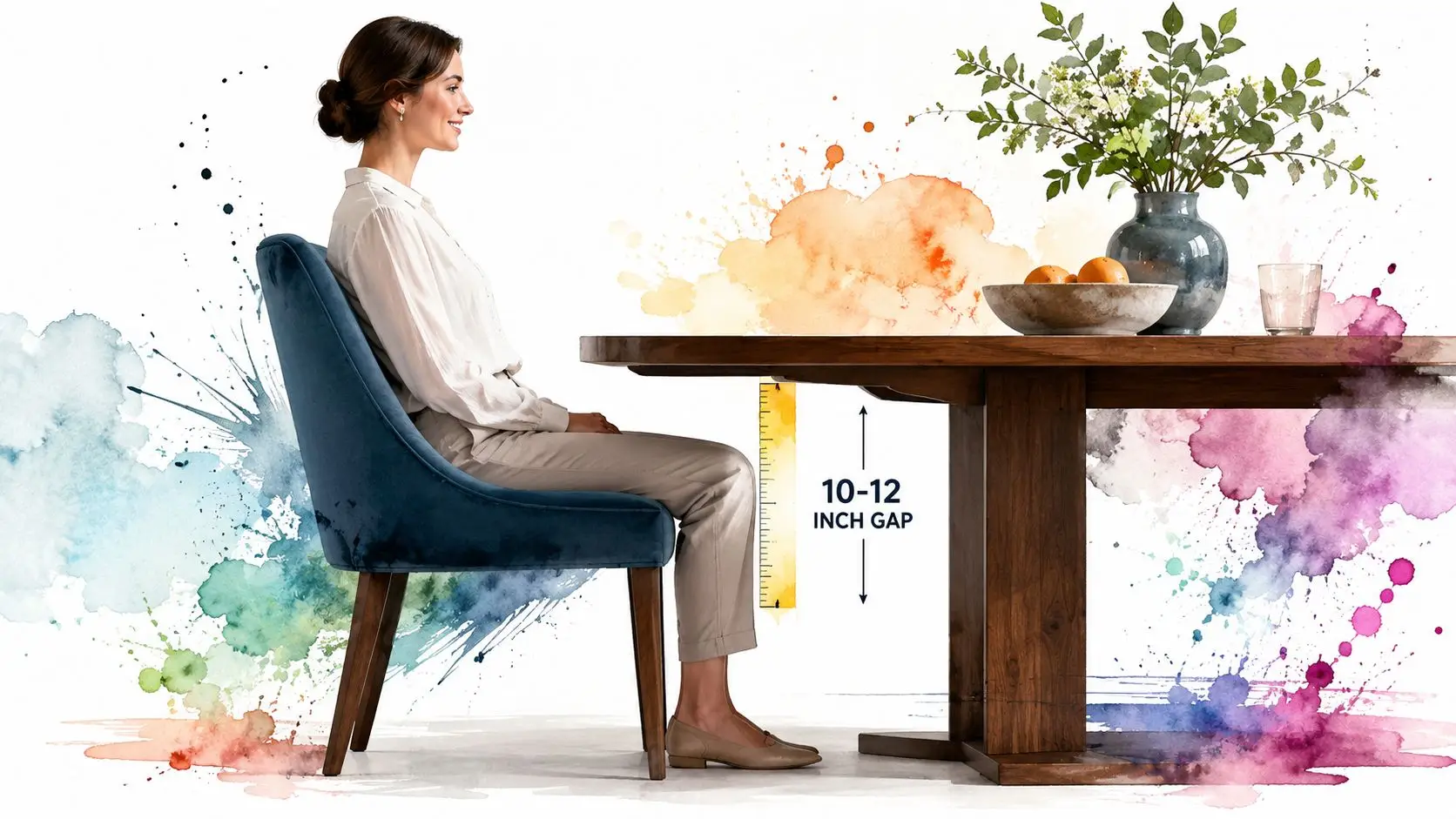 A woman sits at a dining table illustrating the ideal 10 to 12 inch gap for seating comfort.