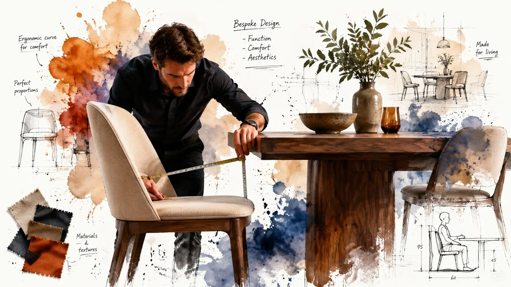 A professional furniture designer measuring a dining chair height relative to a solid wood dining table.
