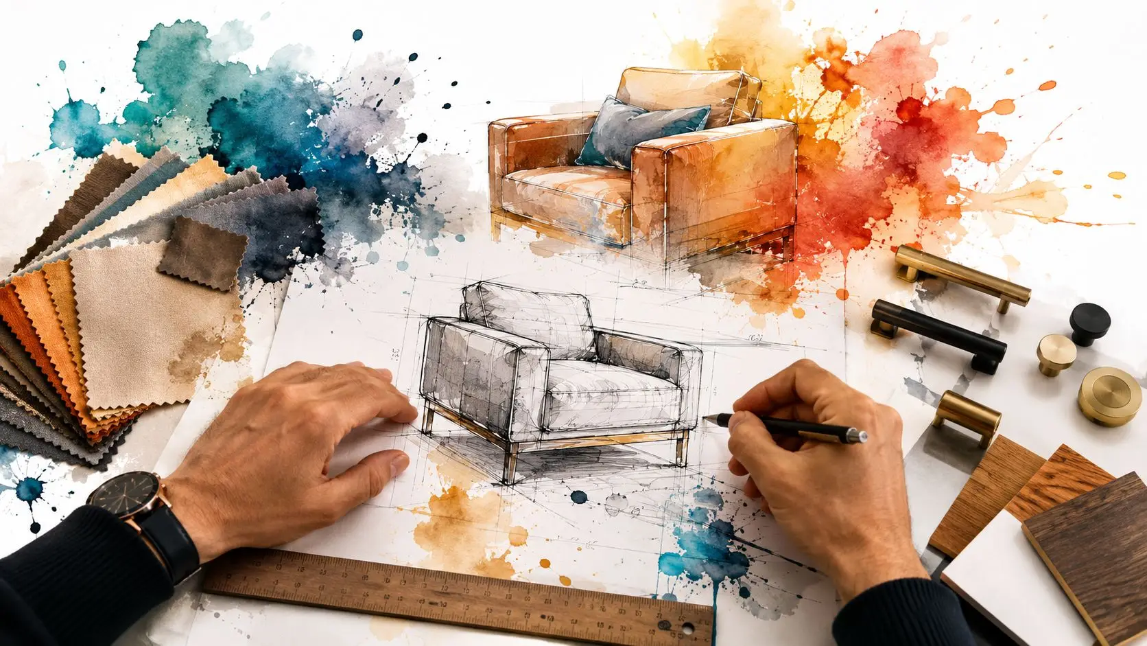 A professional interior designer sketching a modern armchair design surrounded by fabric samples and material swatches.