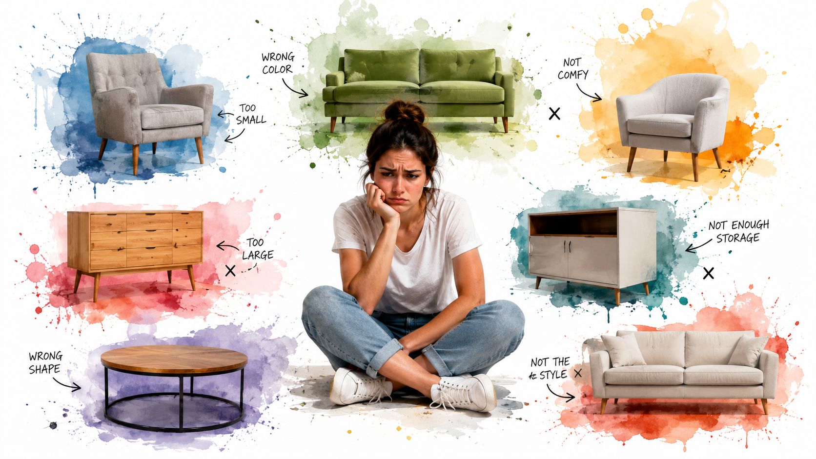 A frustrated woman sitting on the floor surrounded by various furniture items labeled with common buying problems.