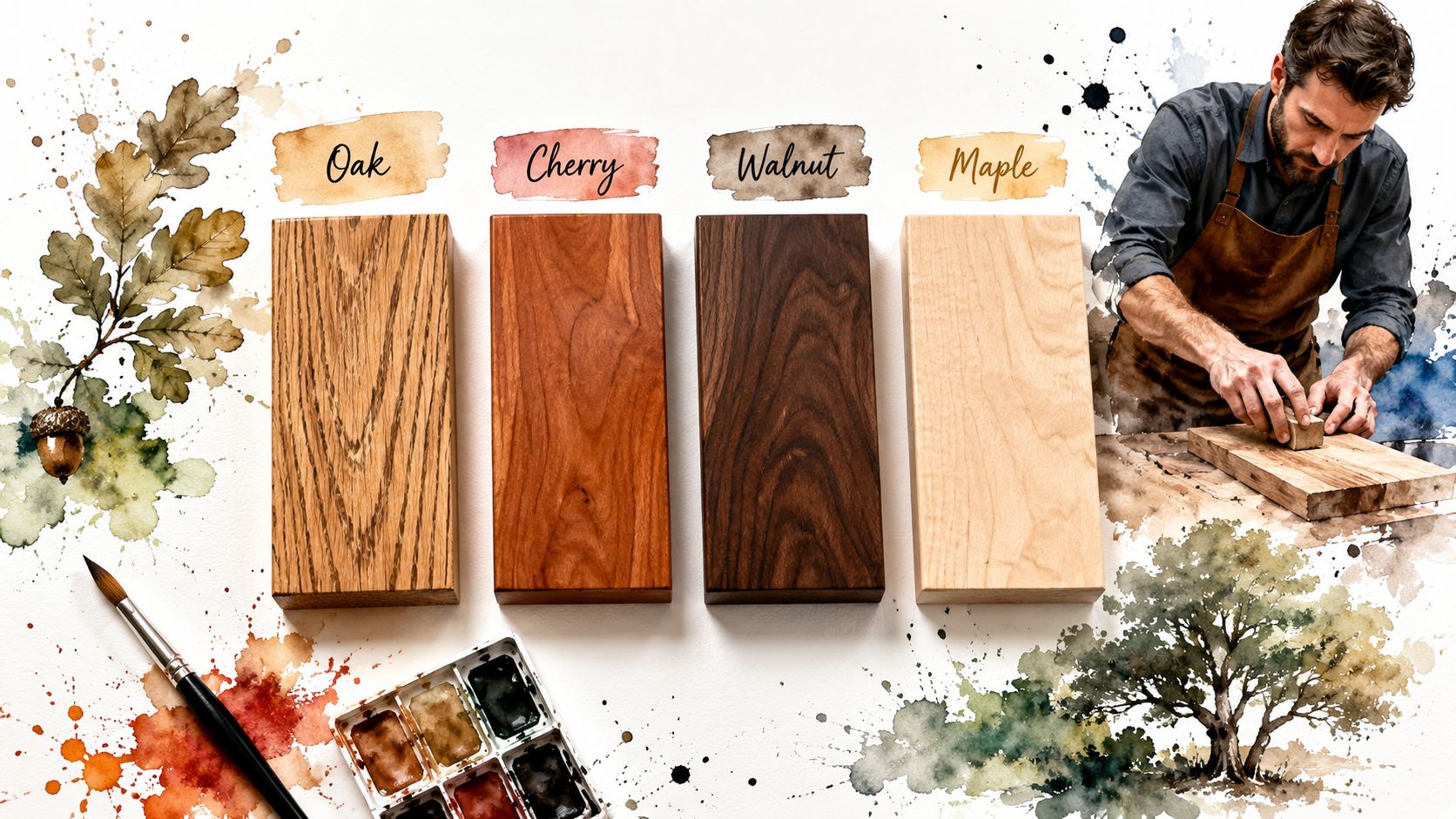 Four wooden blocks representing oak, cherry, walnut, and maple next to a craftsman working with wood.