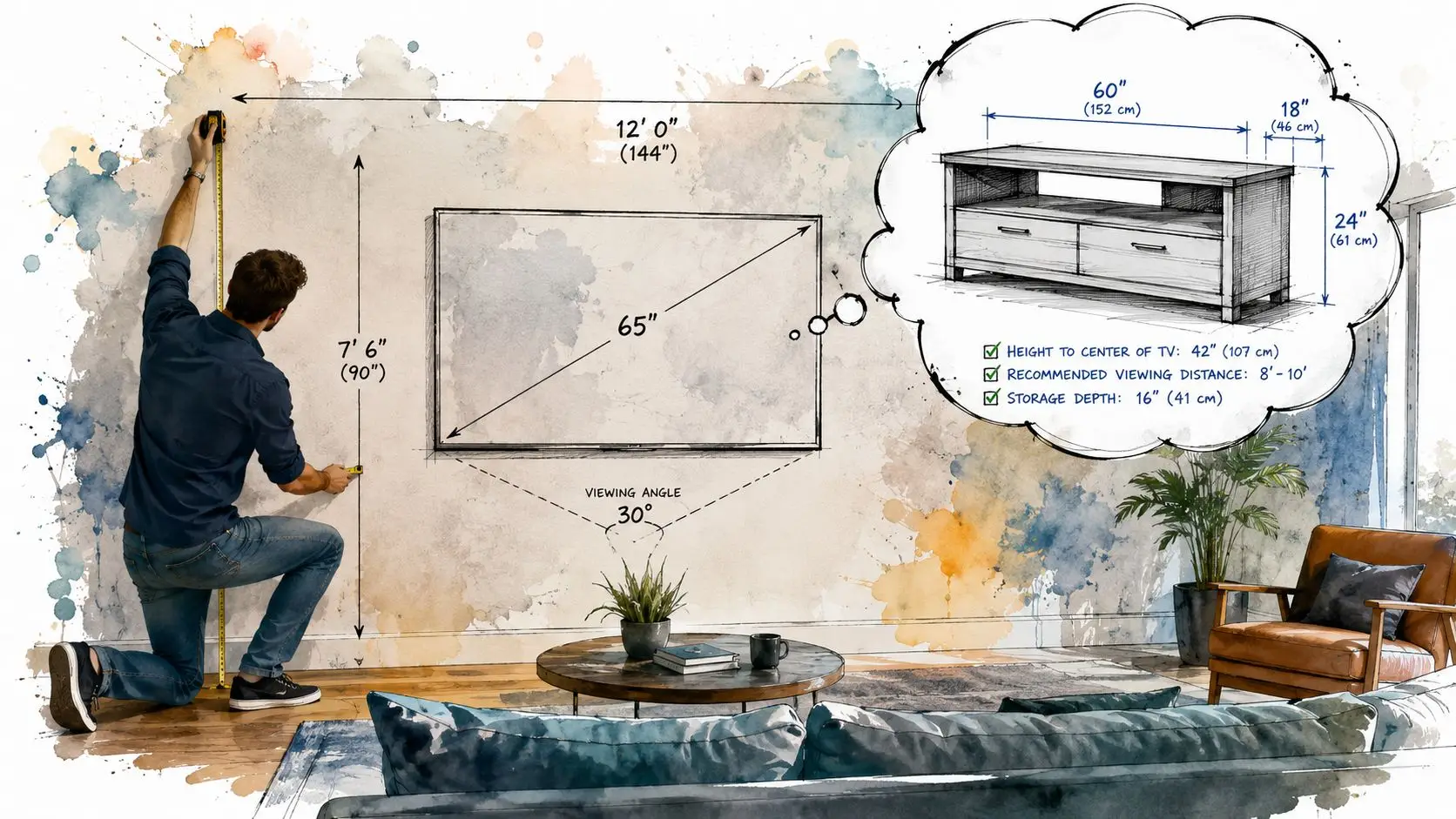 A person measuring a wall for a 65-inch television installation with custom furniture dimensions indicated.