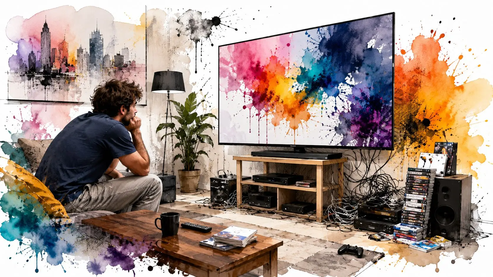 A man sitting on a couch in a living room watching a colorful abstract painting on his television.