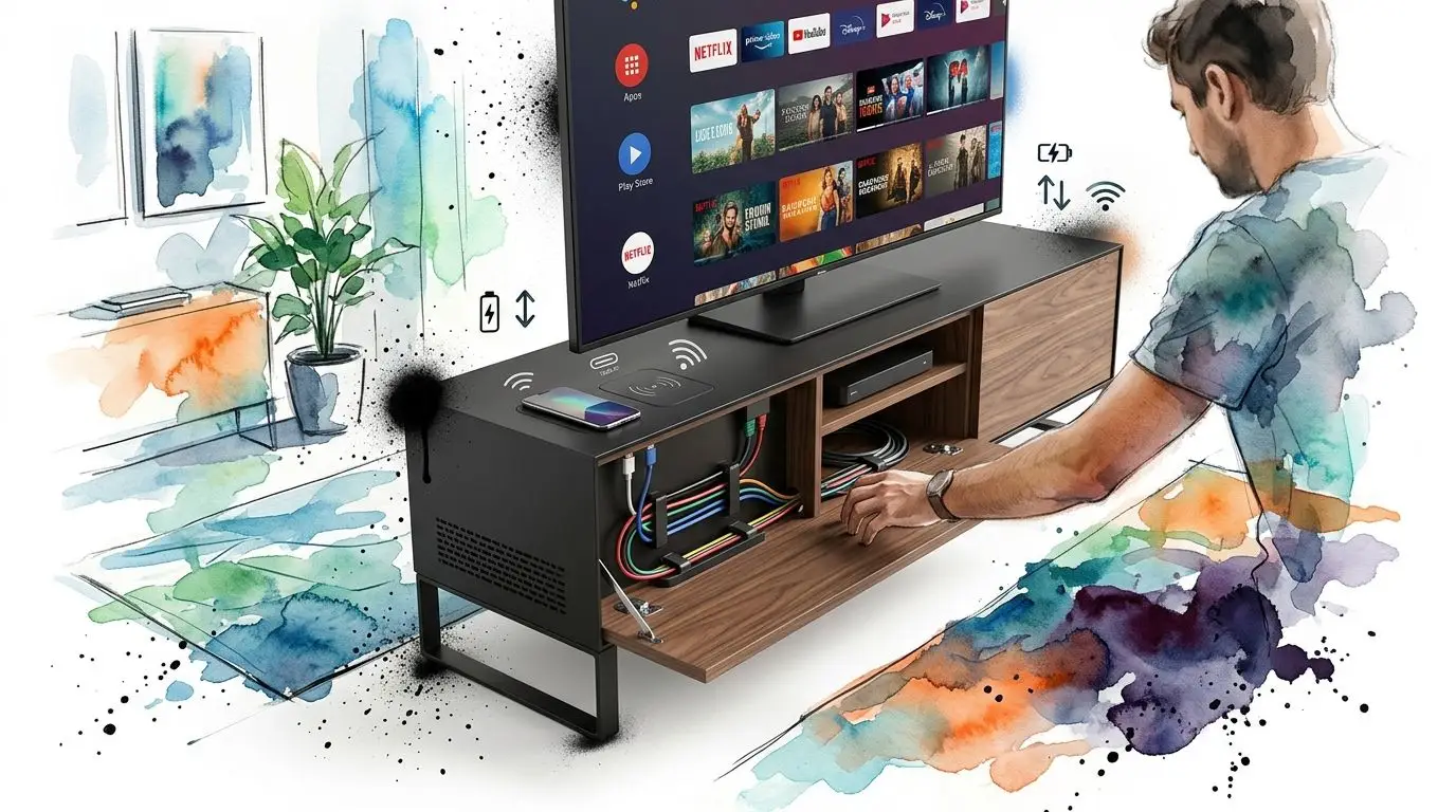 A modern media console featuring wireless charging, organized cable management, and a smart television screen display.