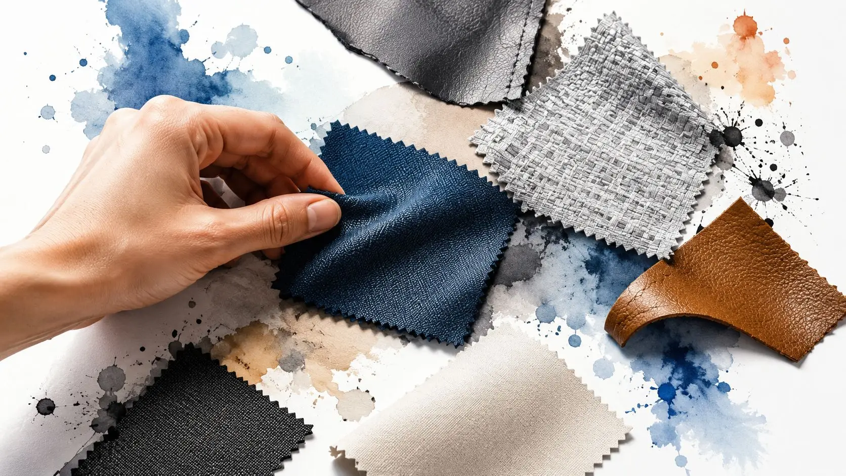 A hand holding a blue fabric swatch over a selection of different material samples on paper.