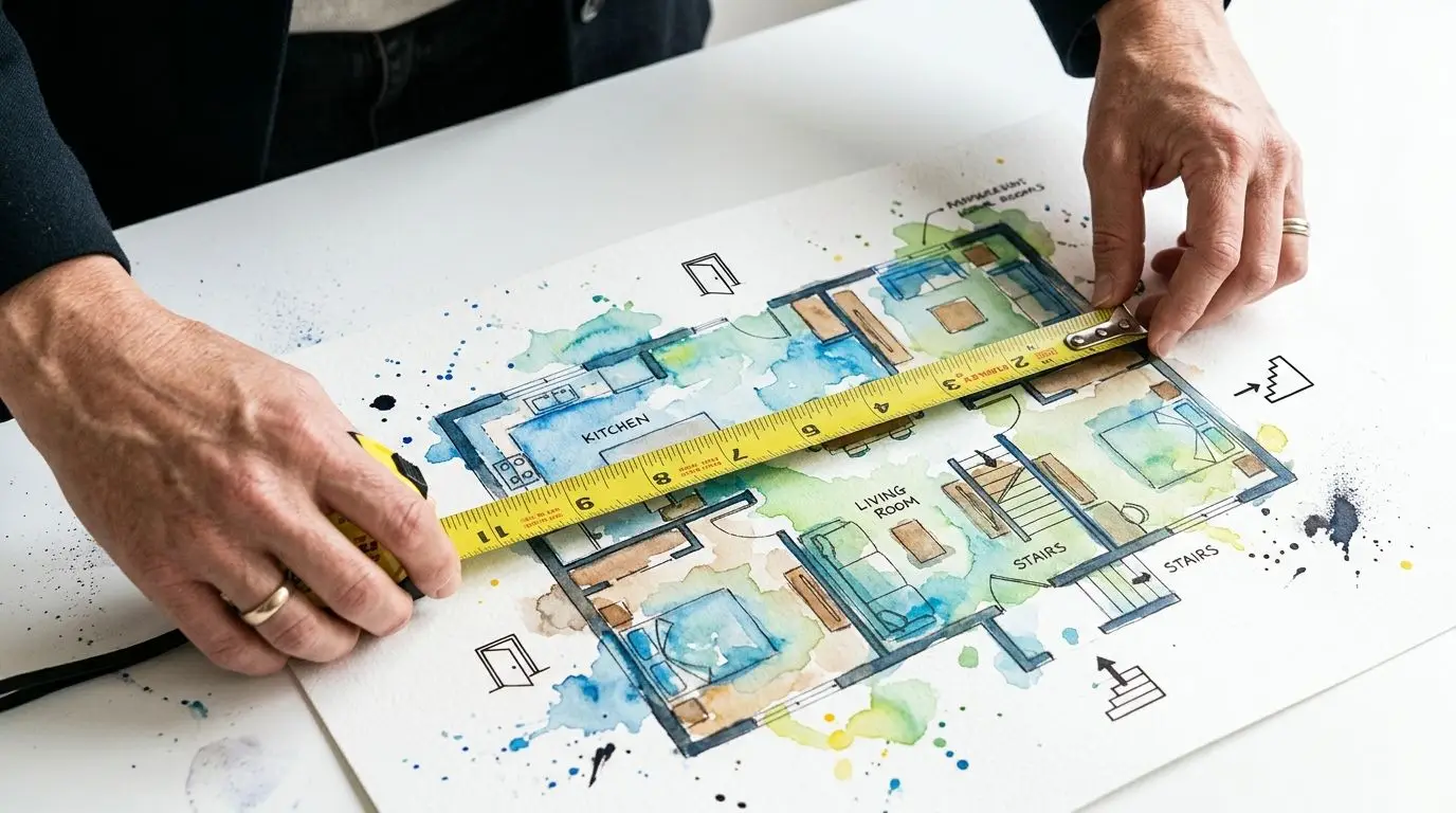 A designer's hands measuring a watercolor architectural floor plan of a home with a yellow tape measure.