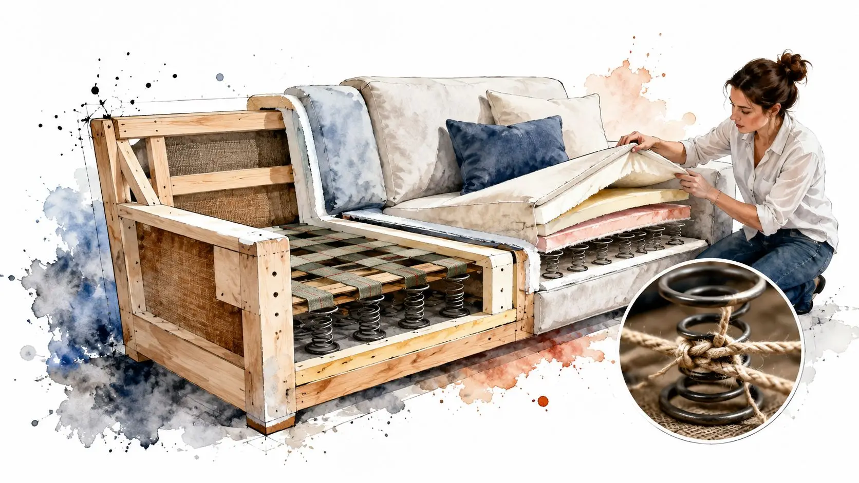 A woman examining the layered internal wooden frame and spring construction of a custom upholstered sofa.