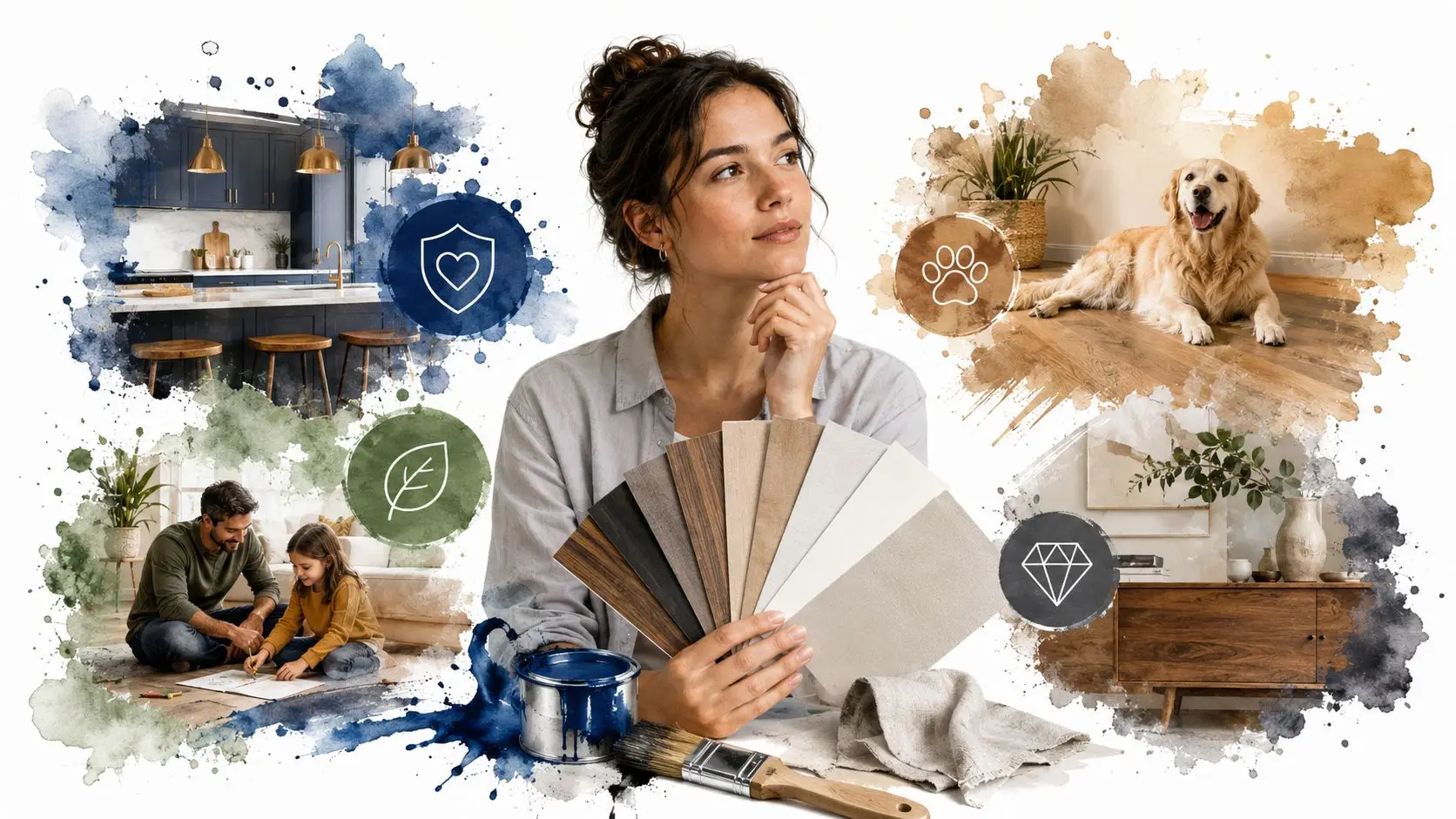 A woman holding wood samples surrounded by home lifestyle images and icons representing durability and sustainability.
