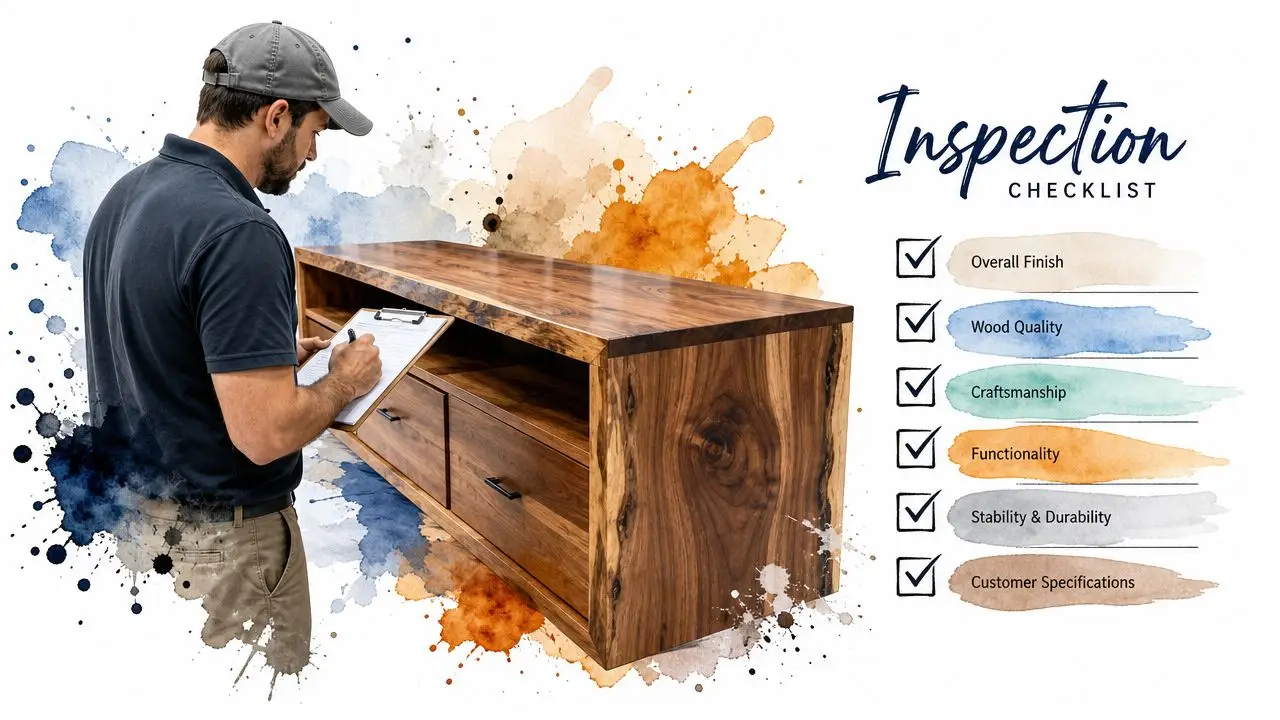 A professional furniture inspector with a clipboard checking a high-quality custom walnut wood media console table.