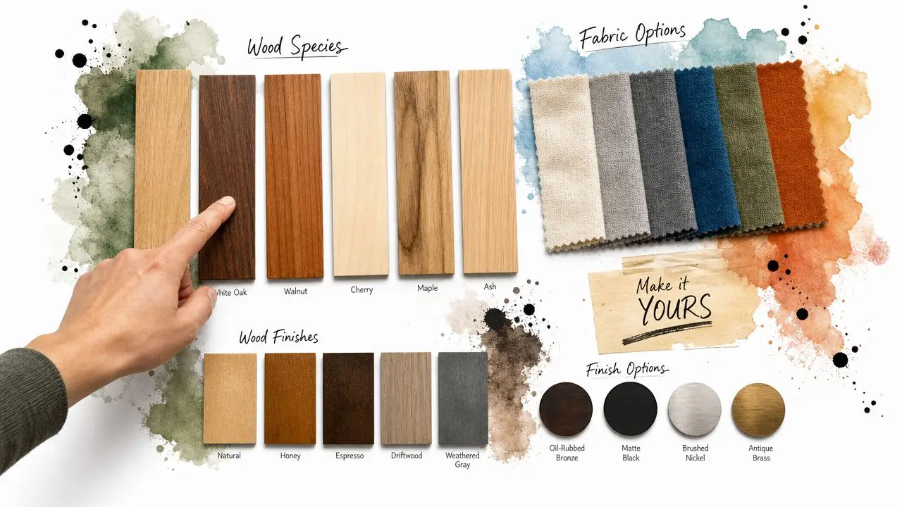 A hand points to a sample board of various wood species, fabric textures, and hardware finish options.