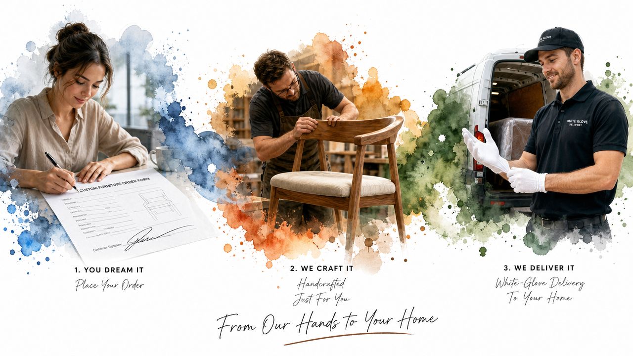 Three stages of custom furniture service: ordering, crafting by a woodworker, and white-glove home delivery.