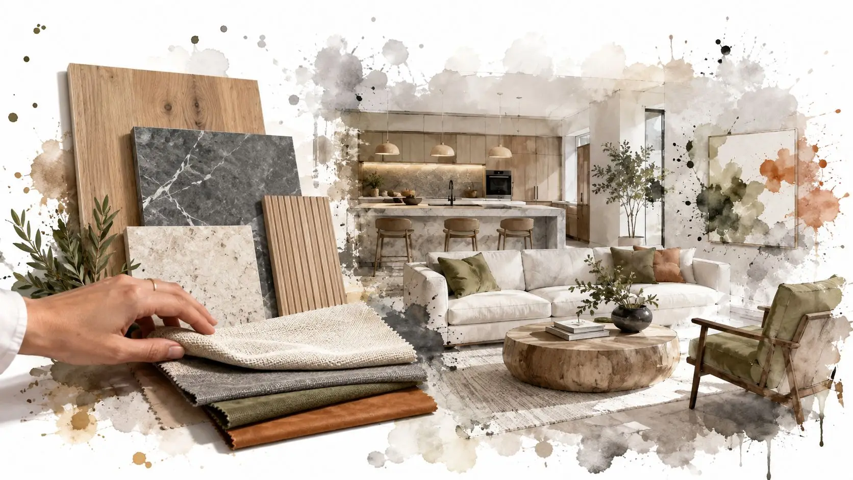 A hand holding fabric samples against a watercolor sketch of an open-plan kitchen and living room.