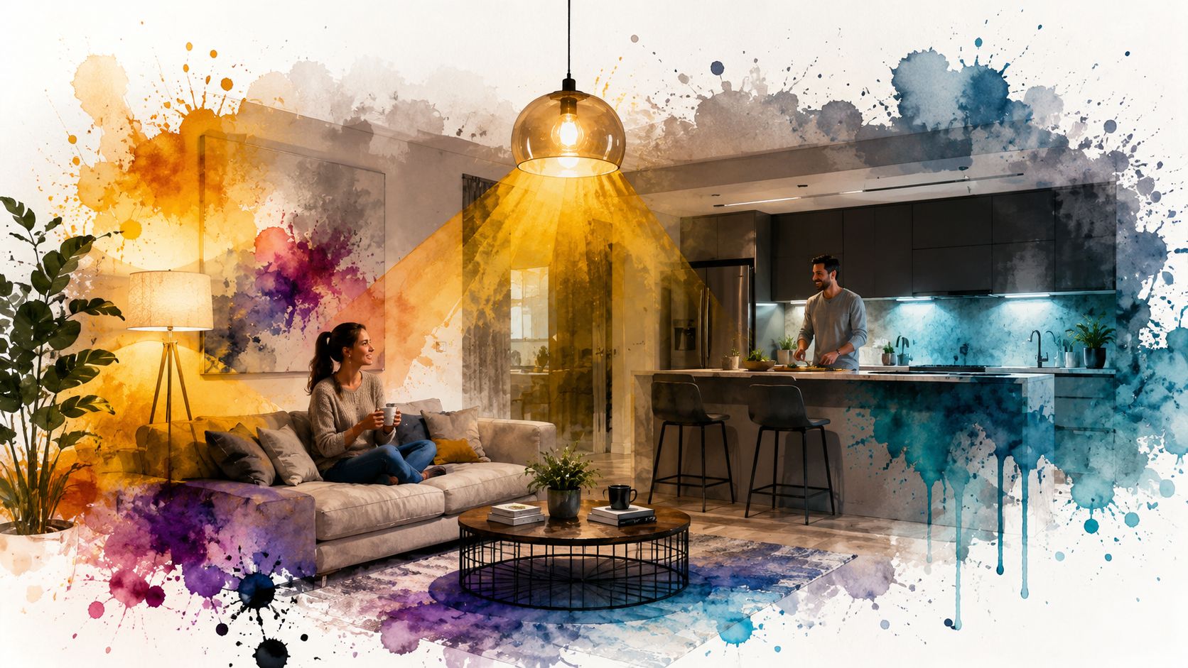 An artistic watercolor blend of a warm living room with a woman sitting on a sofa and kitchen.