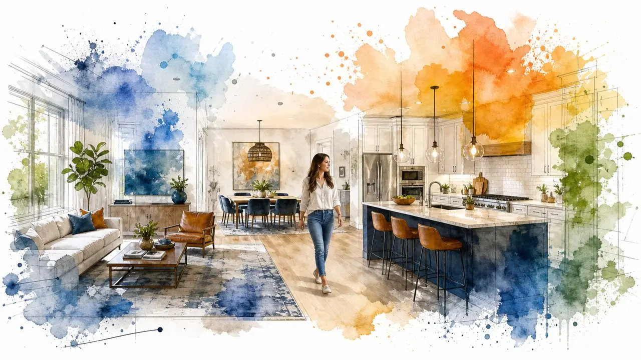 A woman walks through a modern open-concept living room and kitchen featuring watercolor aesthetic design elements.