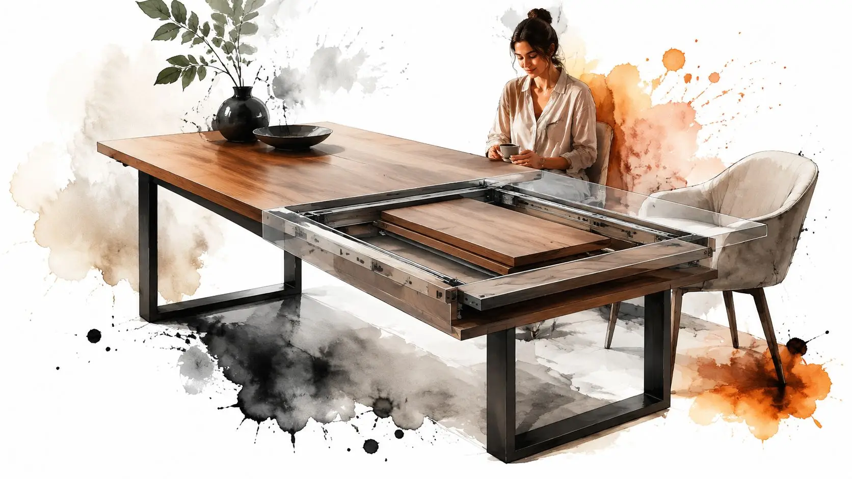 A modern dining room table with an integrated extension leaf mechanism, featuring a woman sitting nearby.