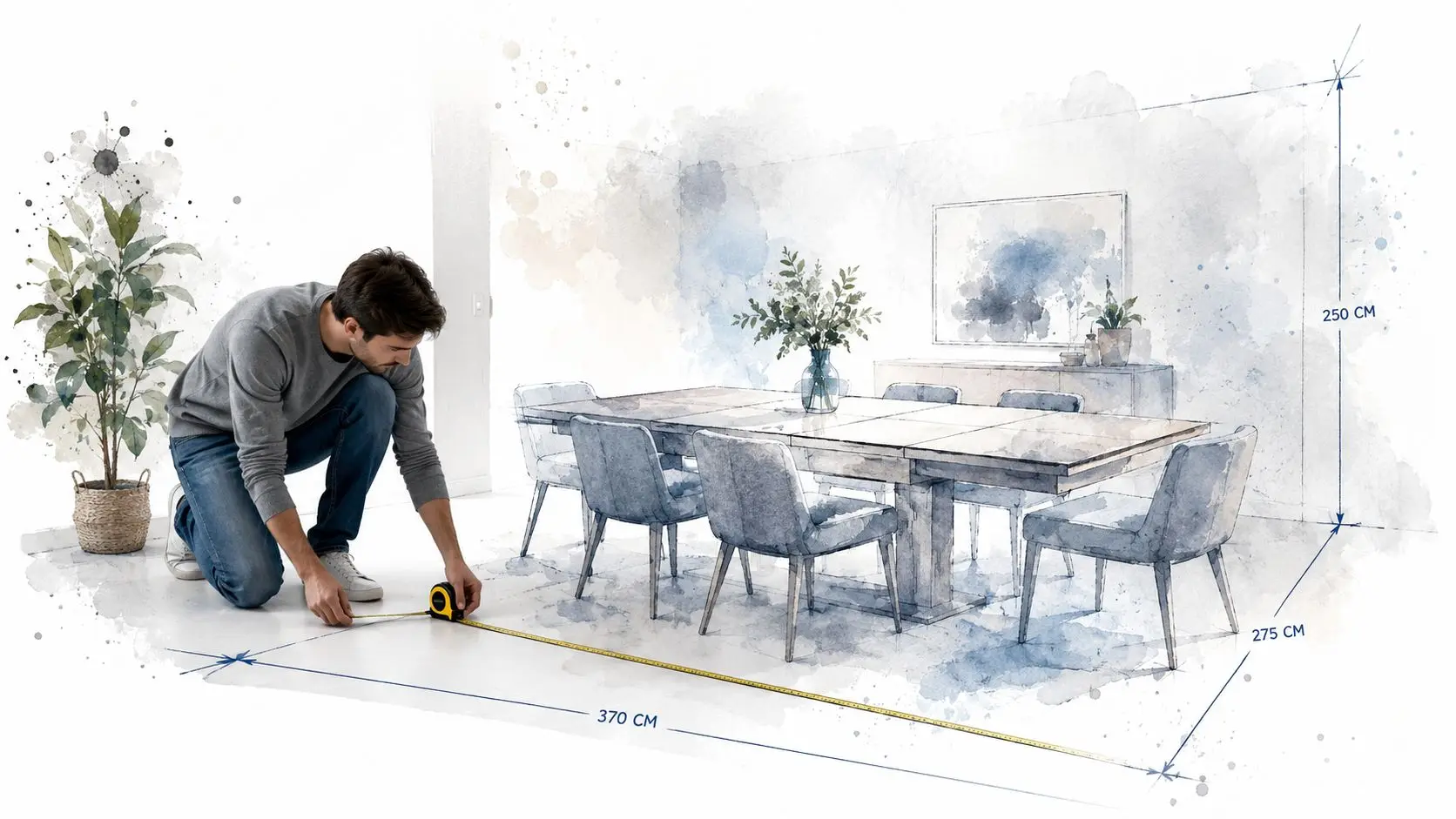 A man measuring a dining area with a tape measure, highlighting space for extendable dining room tables.