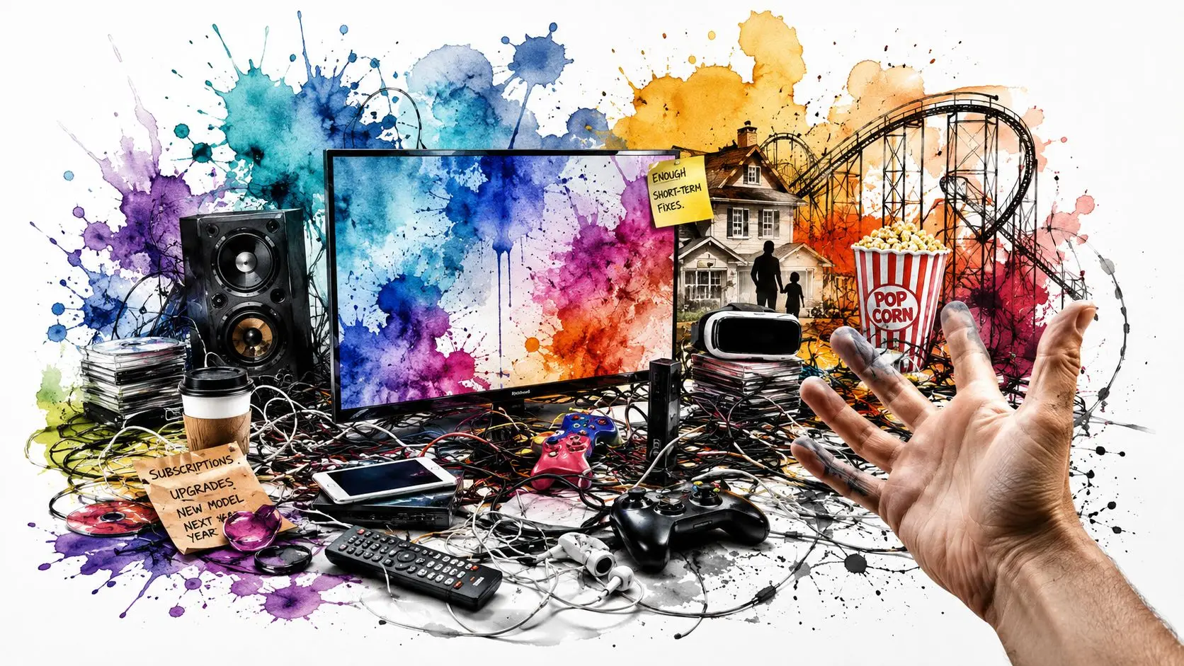 A chaotic entertainment setup featuring a television, gaming gear, popcorn, and abstract paint splatters on white.