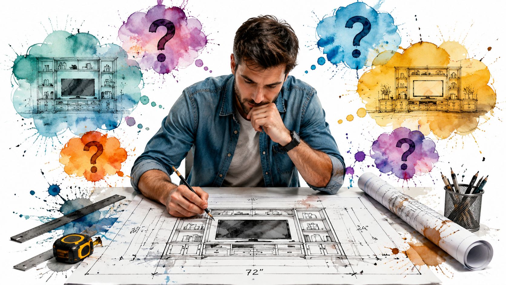 A professional designer sketching plans for a new entertainment center design while contemplating layout options.