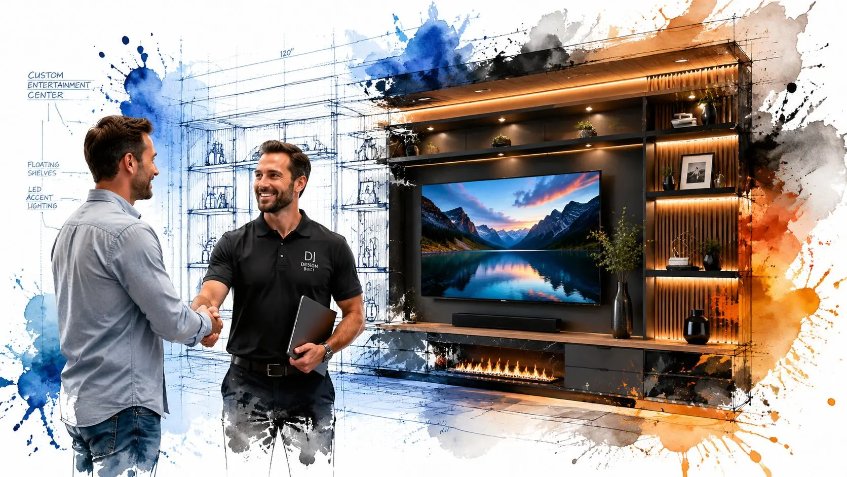 A professional designer shaking hands with a client in front of an entertainment center design project render.