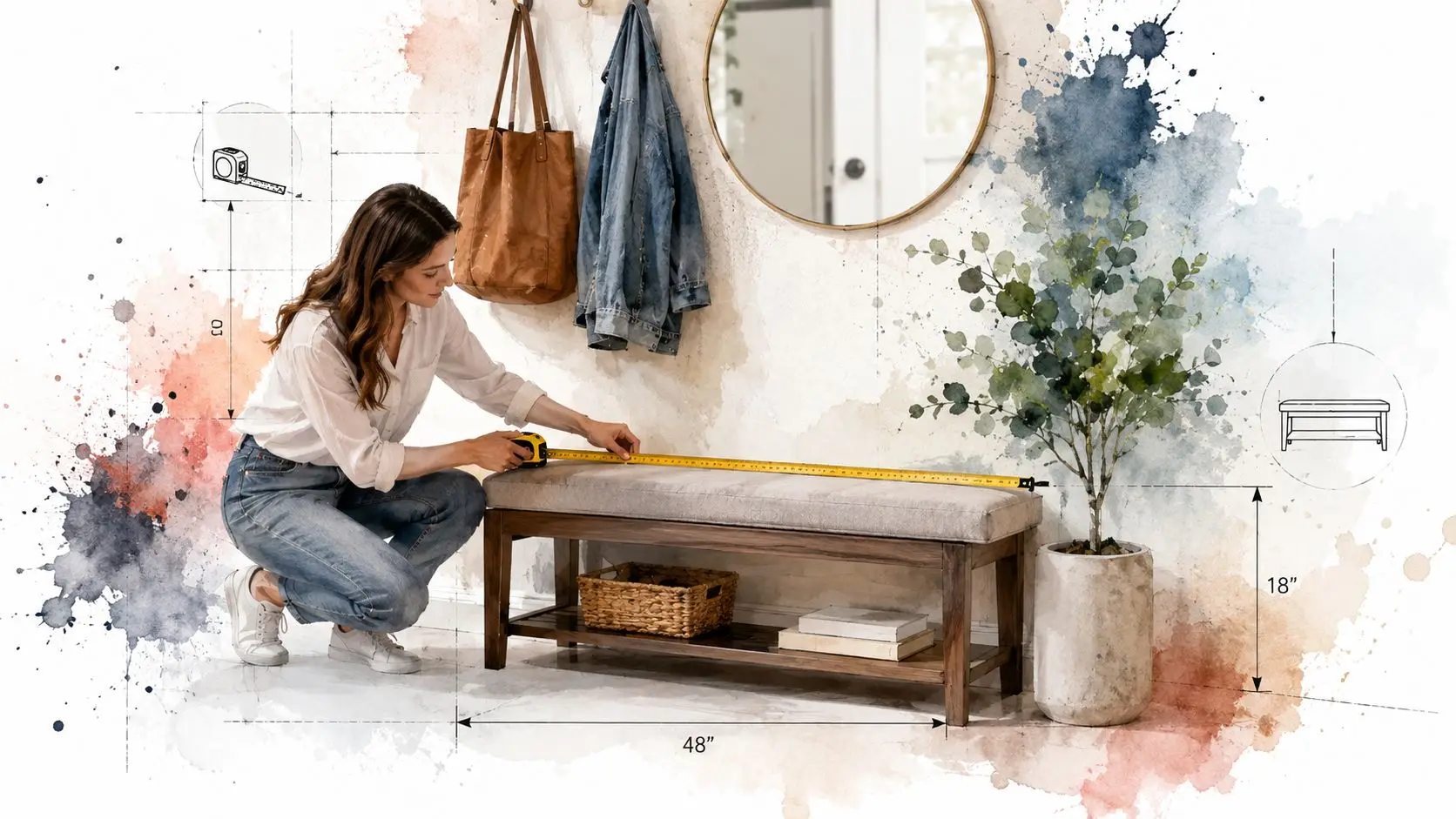 A woman kneeling on the floor measuring a wooden bench in an entryway with a tape measure.