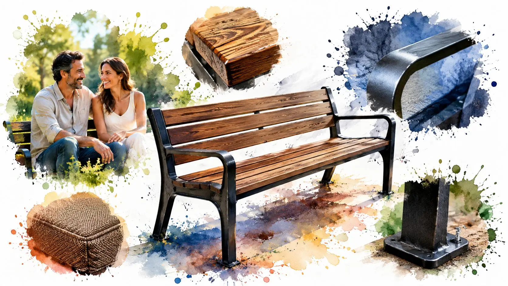 A park bench featuring a rustic wood seat and a sturdy black iron frame in a park.