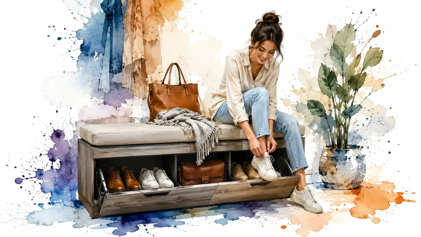 A woman sits on a wooden shoe storage bench in an entryway while putting on white sneakers.