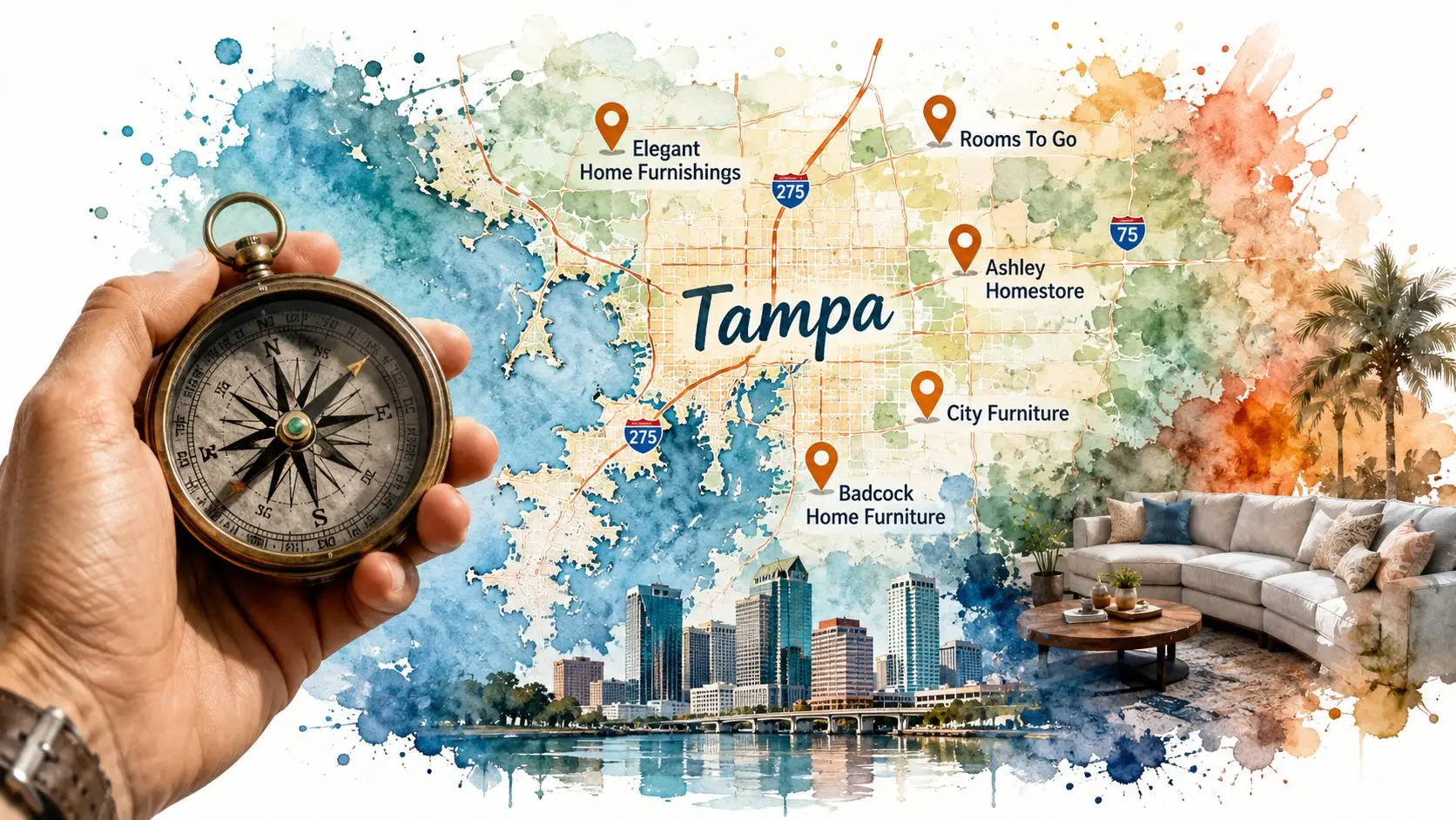 A hand holding a compass in front of a stylized watercolor map of Tampa with furniture store locations.