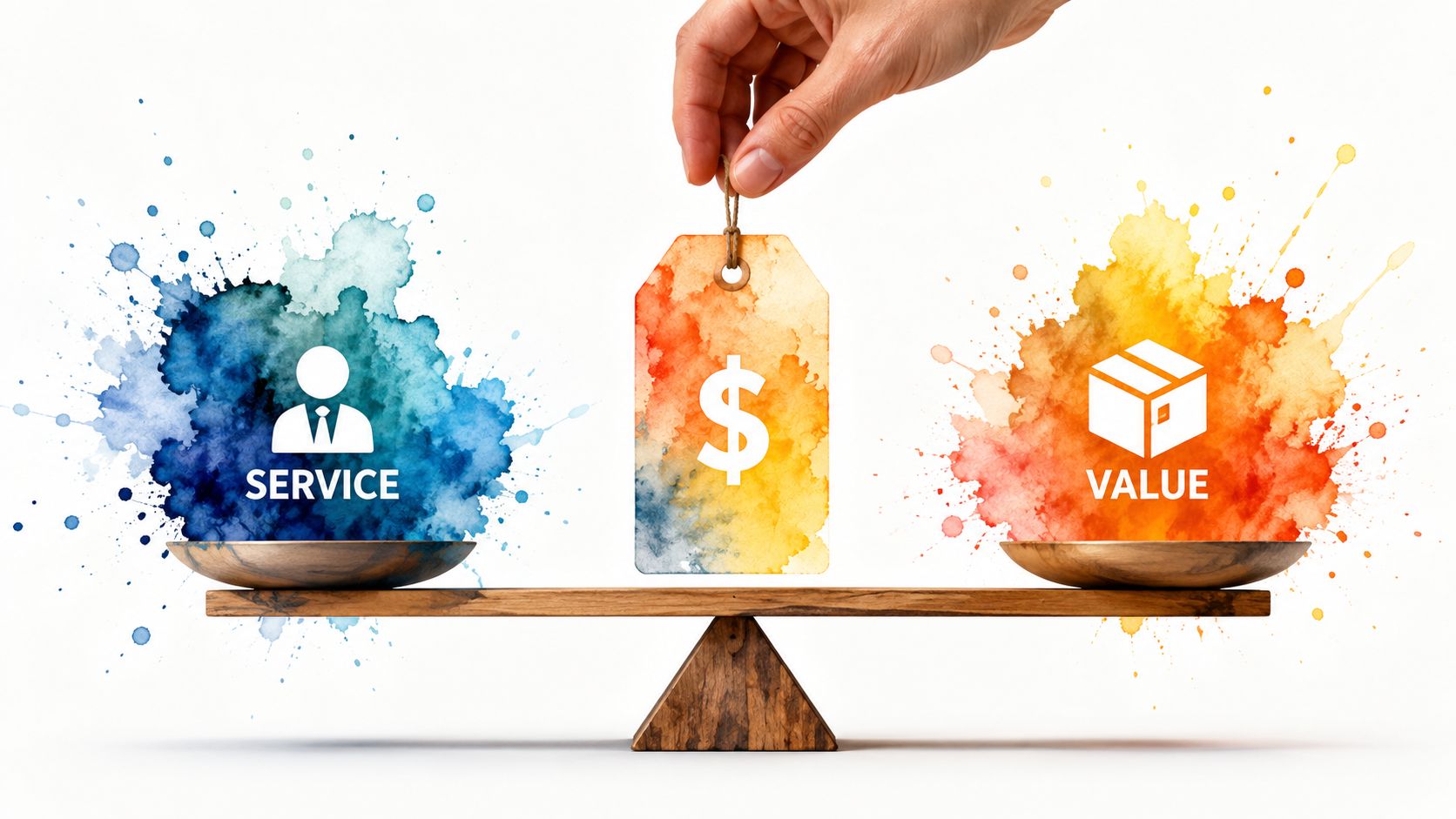 A conceptual image balancing service and value on a wooden scale with a dollar sign price tag.