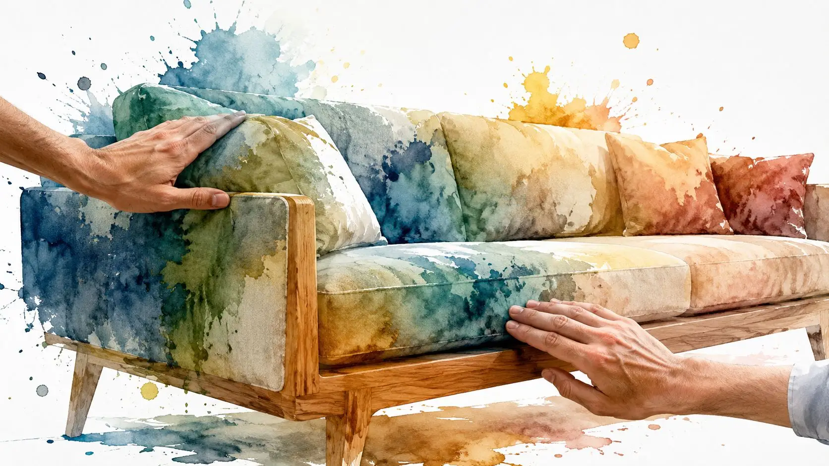 A person touching a vibrant, watercolor-patterned sofa with blue, yellow, and orange paint splatters.