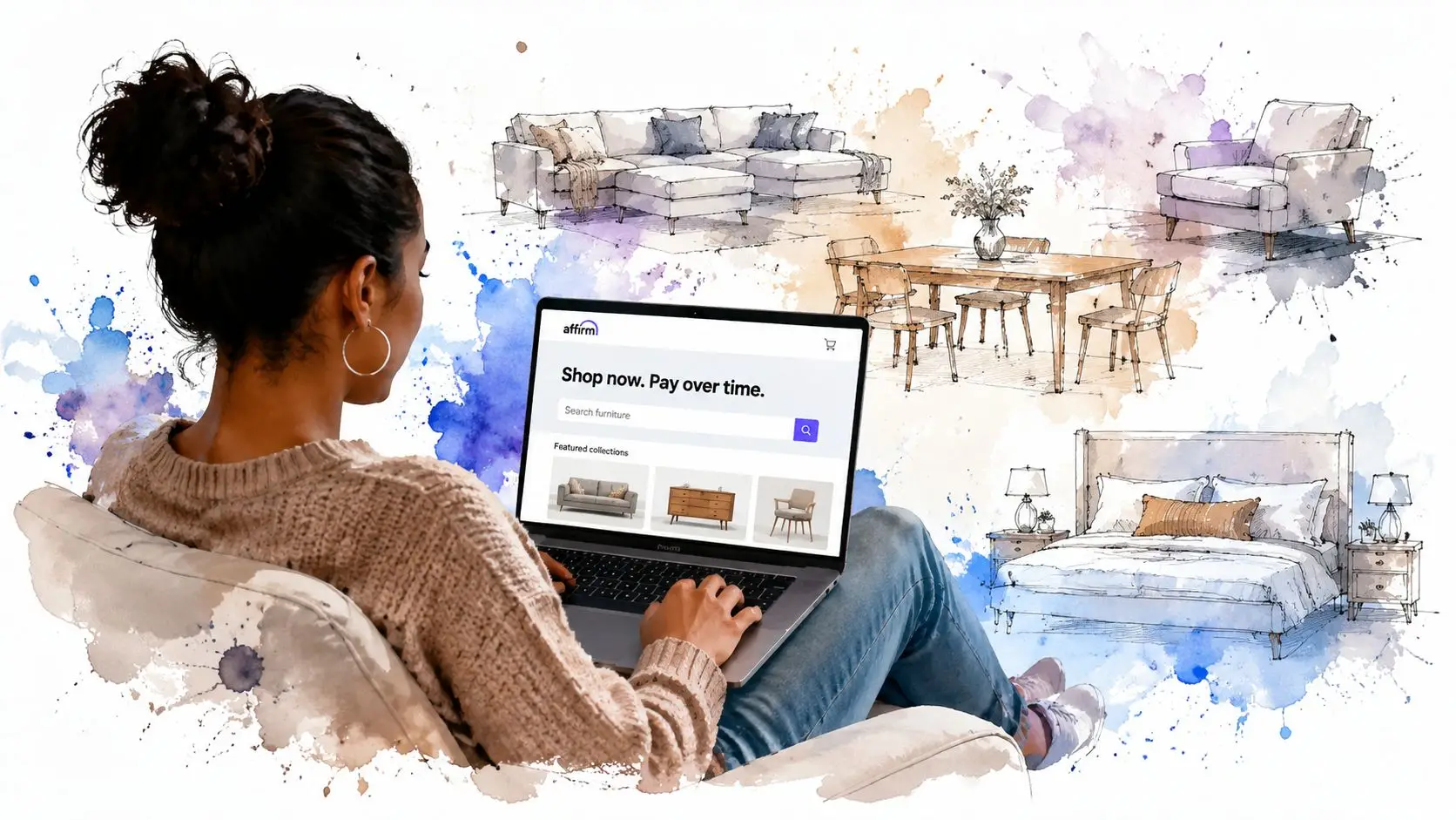 A woman using a laptop to browse furniture online with Affirm payment options on the screen.
