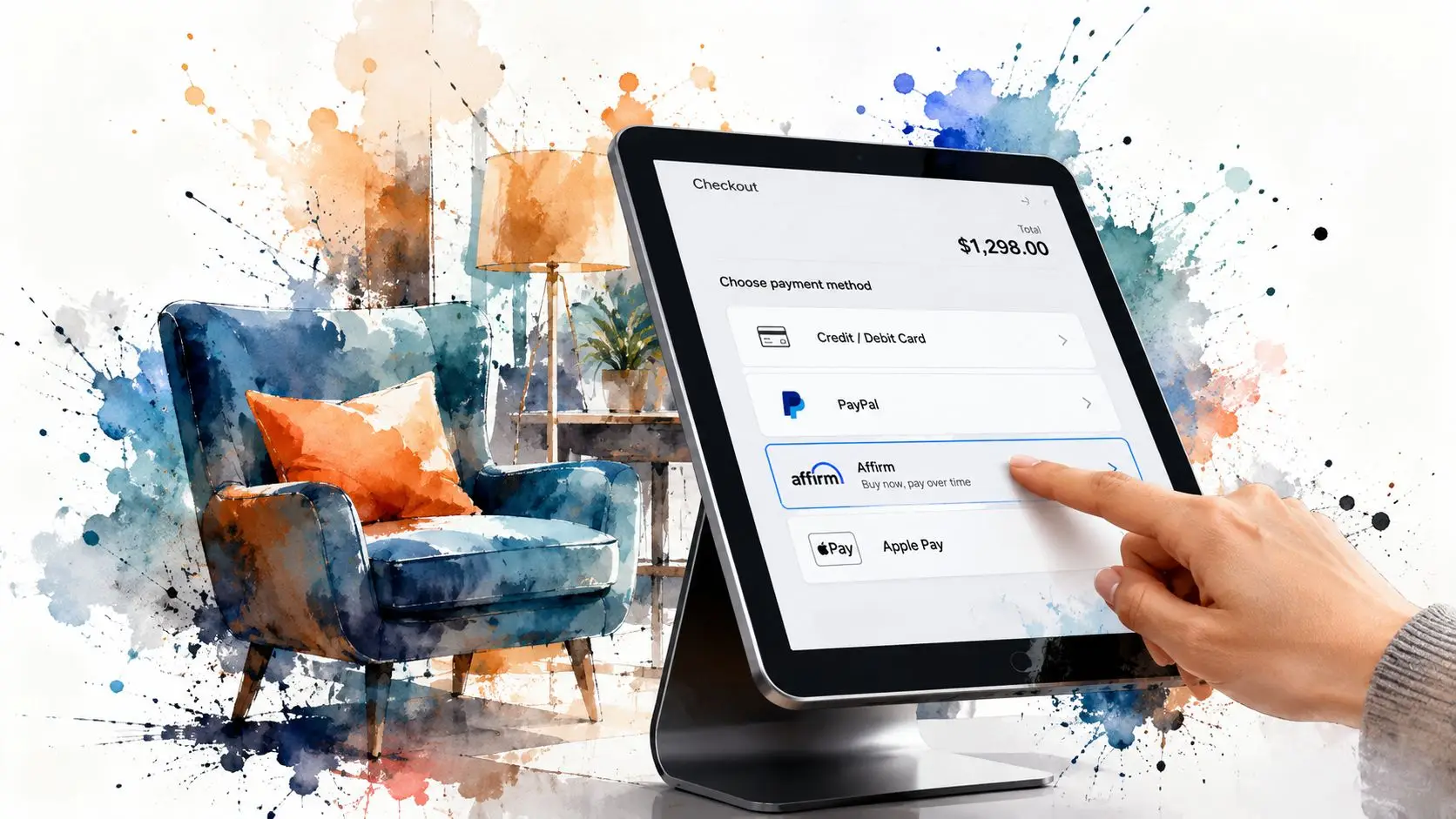A hand selecting Affirm on a touchscreen tablet for a furniture store checkout, showing payment options.