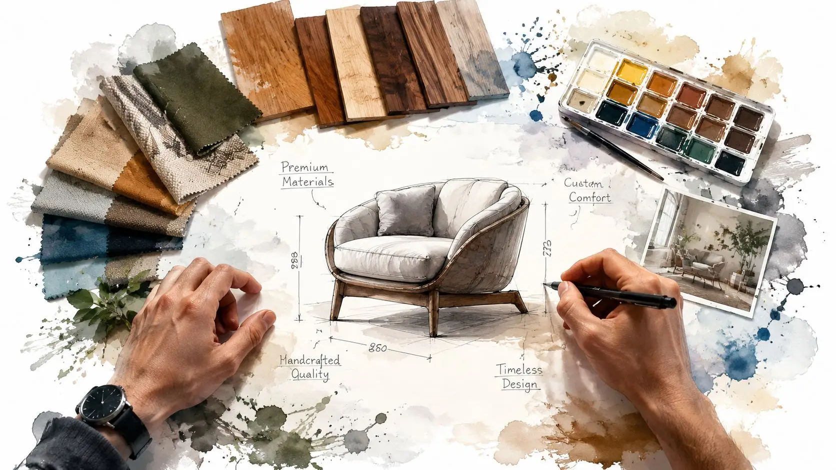 An artist sketching a modern armchair design on paper surrounded by fabric swatches and wood samples.
