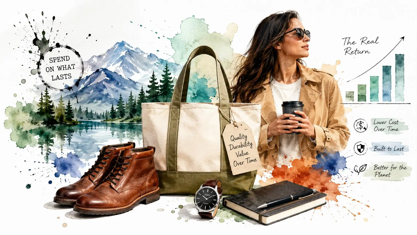 A woman stands with travel essentials like boots, a tote bag, a watch, and a journal near mountains.