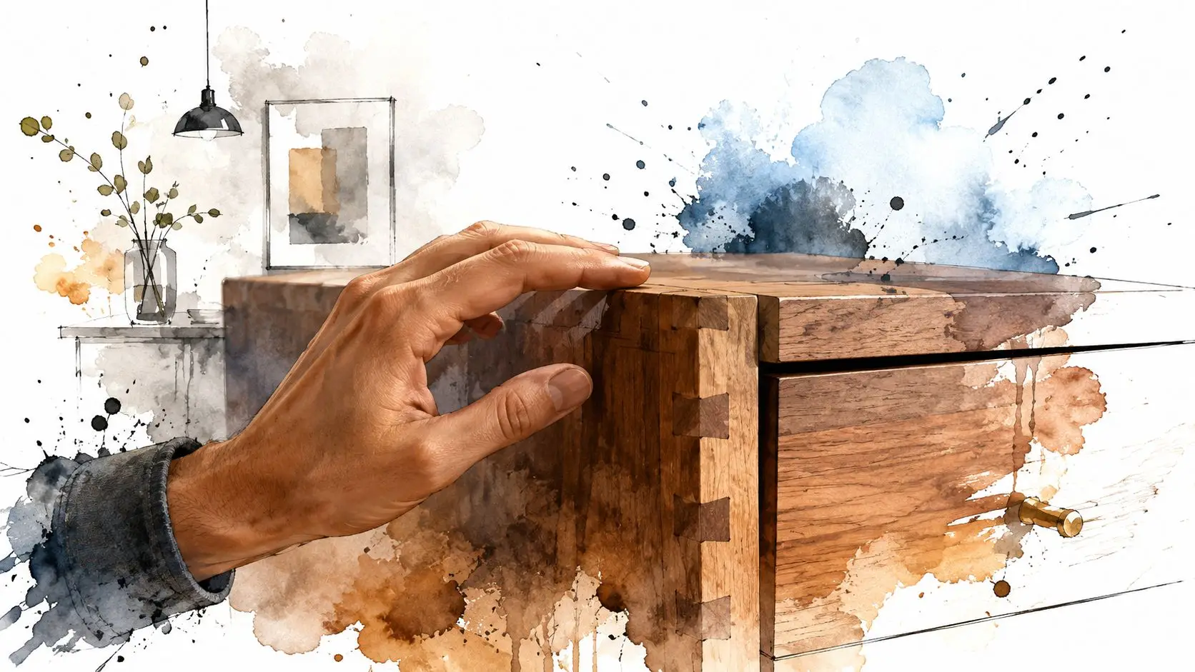 A close-up illustration showing a hand touching a high quality wooden drawer with detailed joinery work.