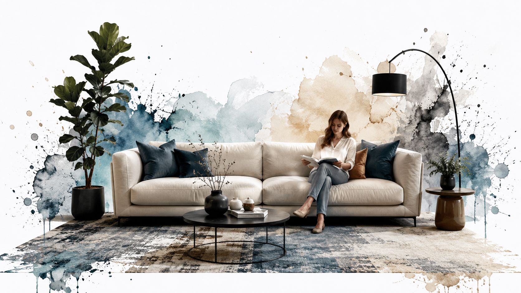 A woman reads a book on a beige sofa placed on a rug against a watercolor wall mural.