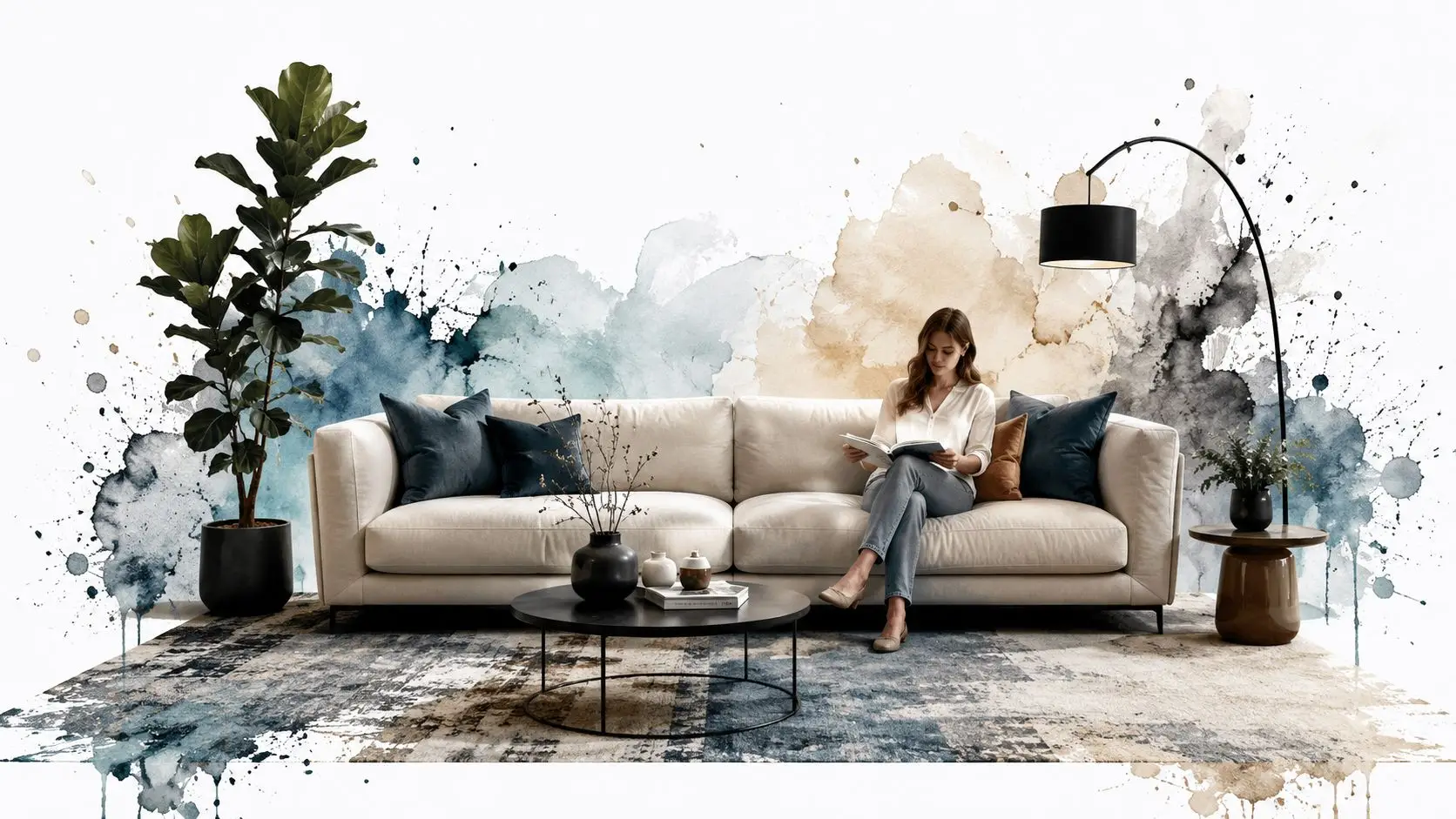 A woman reads a book on a beige sofa placed on a rug against a watercolor wall mural.