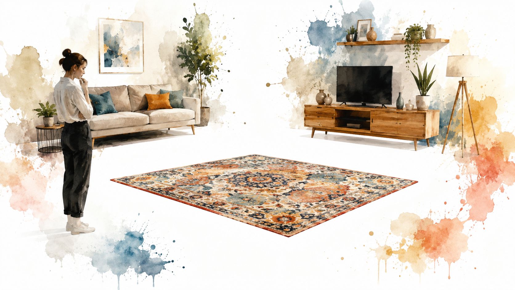 A woman stands in a living room viewing a large colorful vintage-style area rug on the floor.