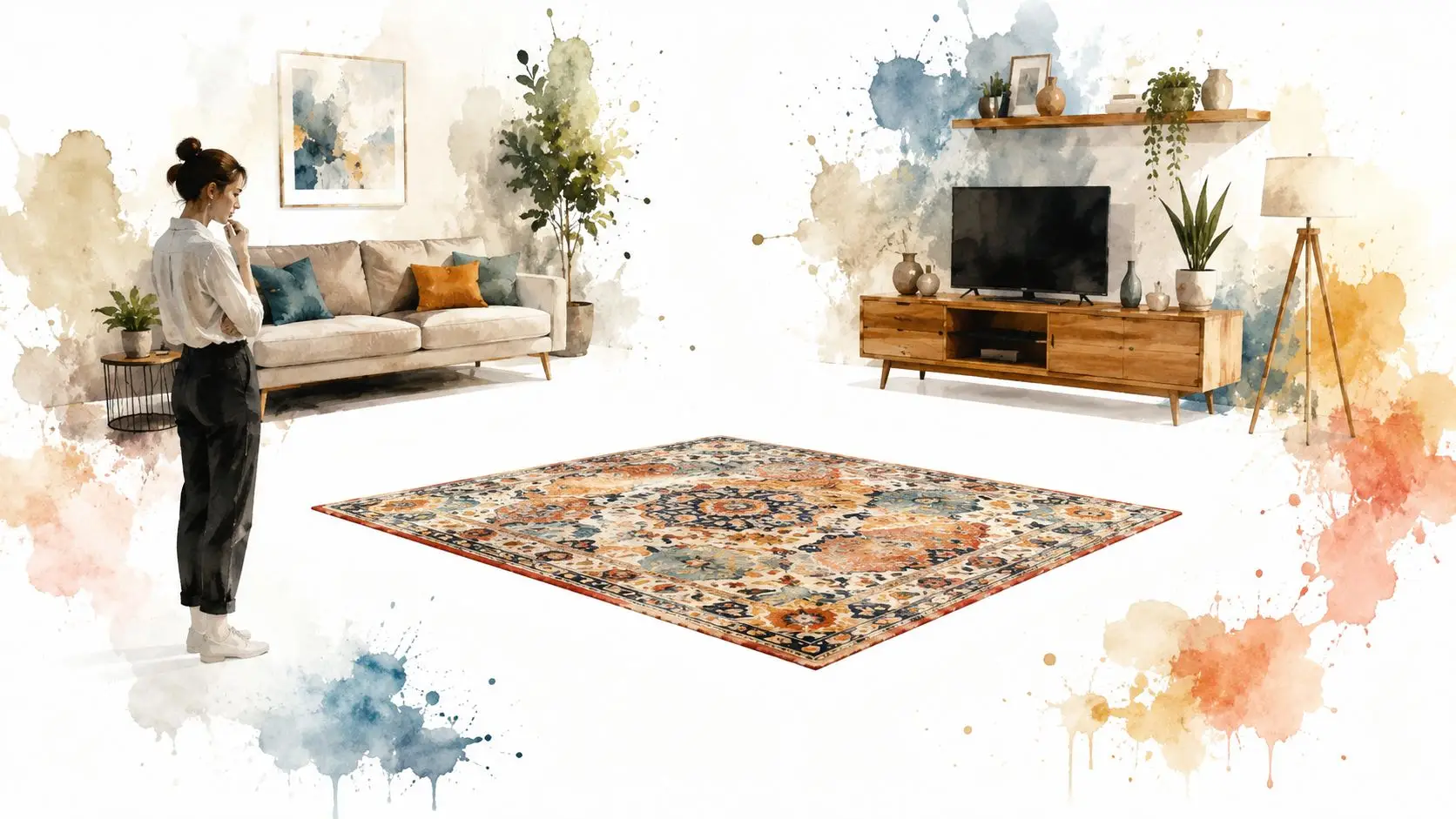 A woman stands in a living room viewing a large colorful vintage-style area rug on the floor.