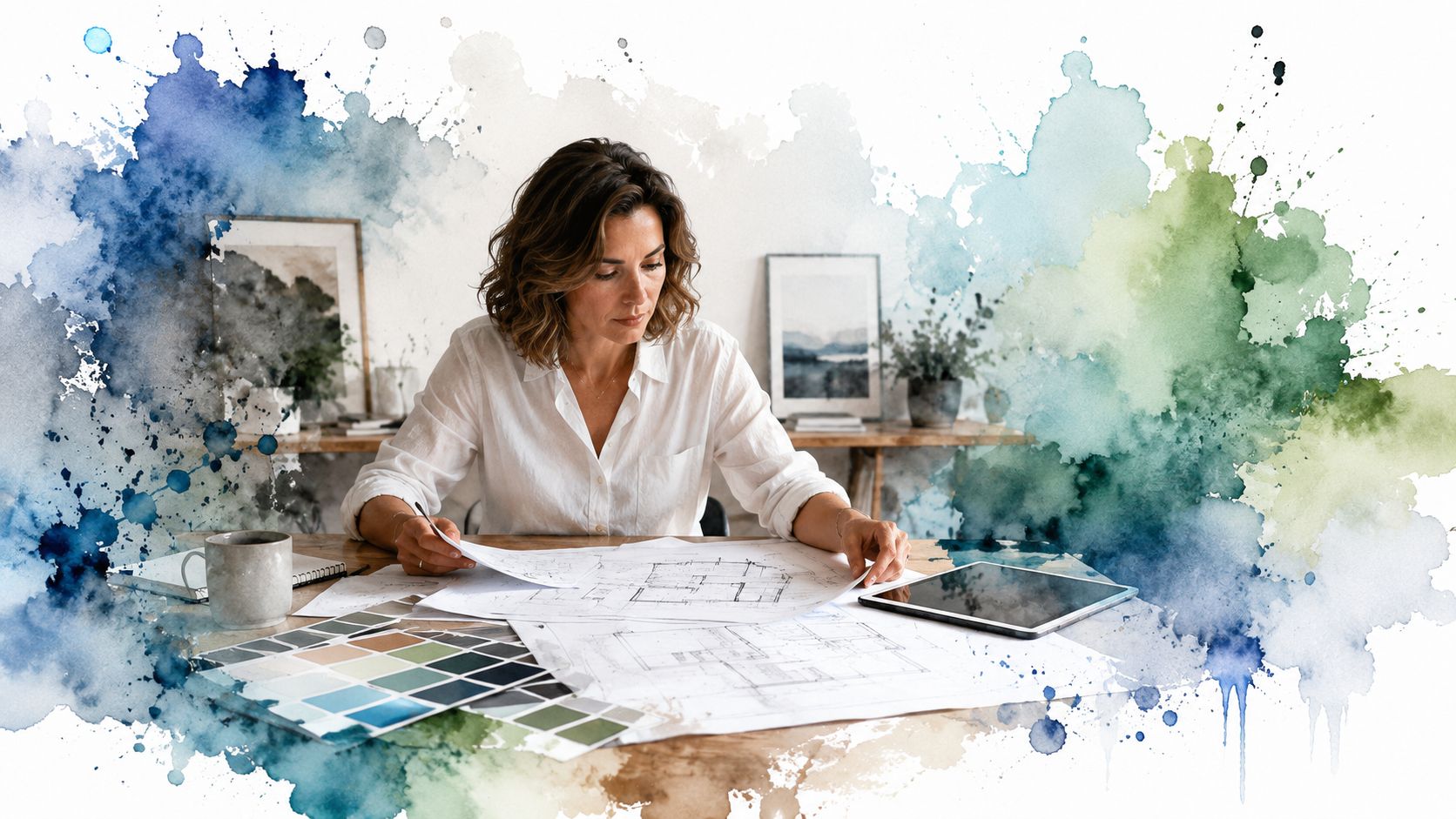 A professional interior designer examining blueprints and color swatches on a wooden table for home planning.