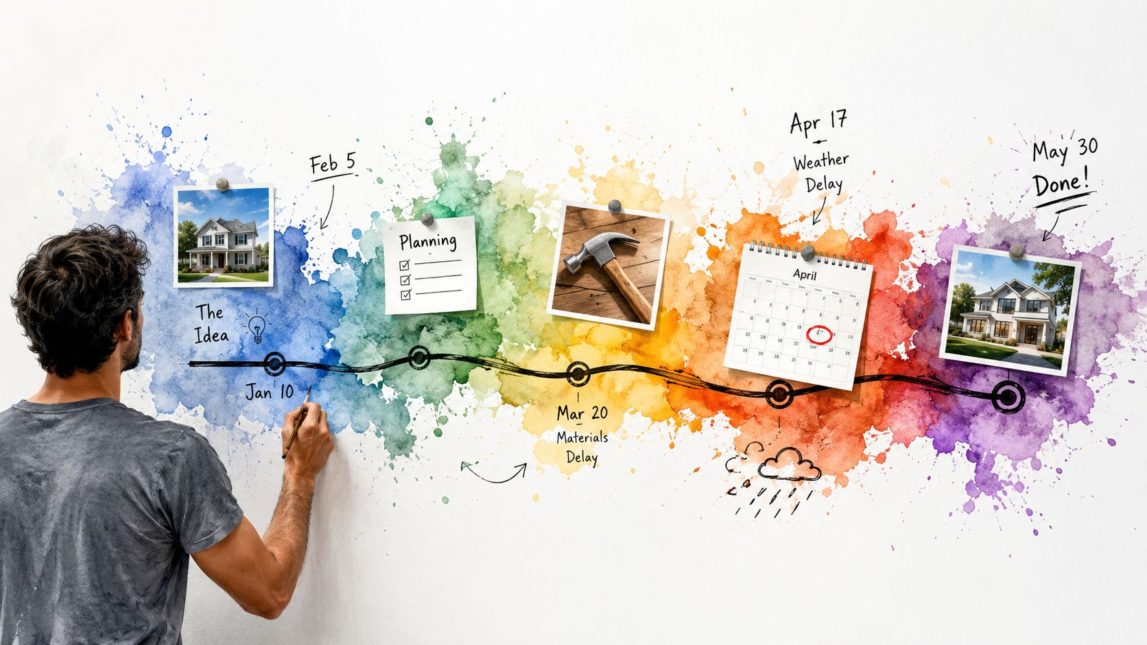 A person drawing a colorful house renovation project timeline on a white wall with various milestones.