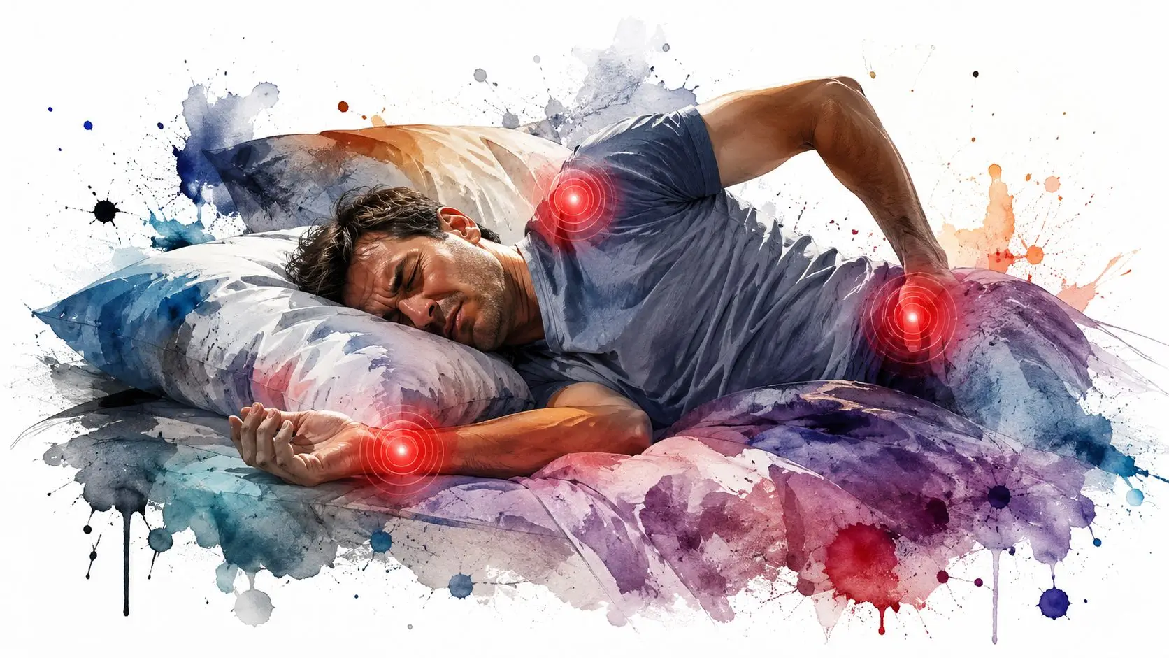 A man sleeping on a bed experiencing joint pain in his shoulder, wrist, and hip area.