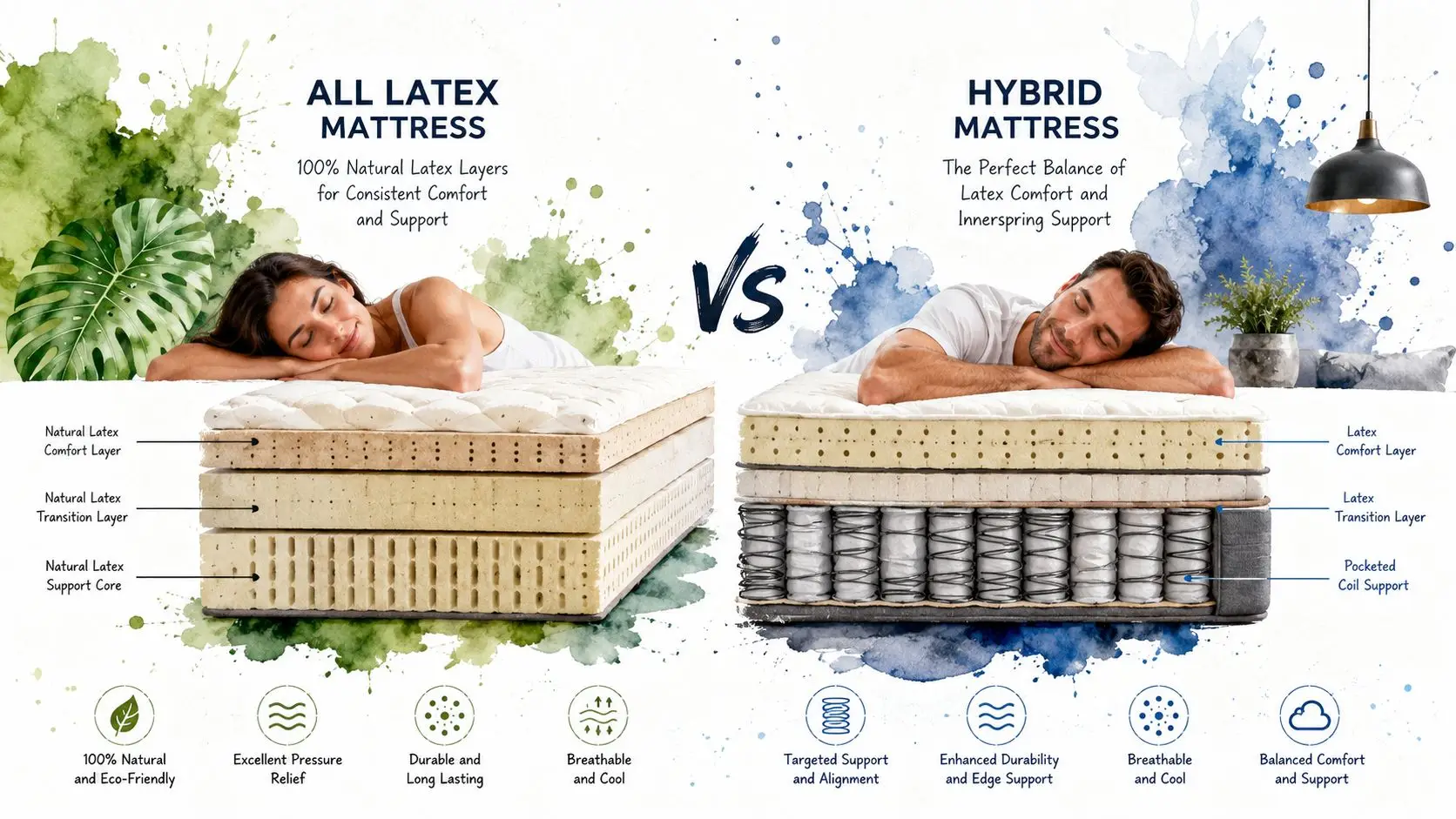 A comparison between an all-latex mattress and a hybrid mattress showing internal layers and key benefits.