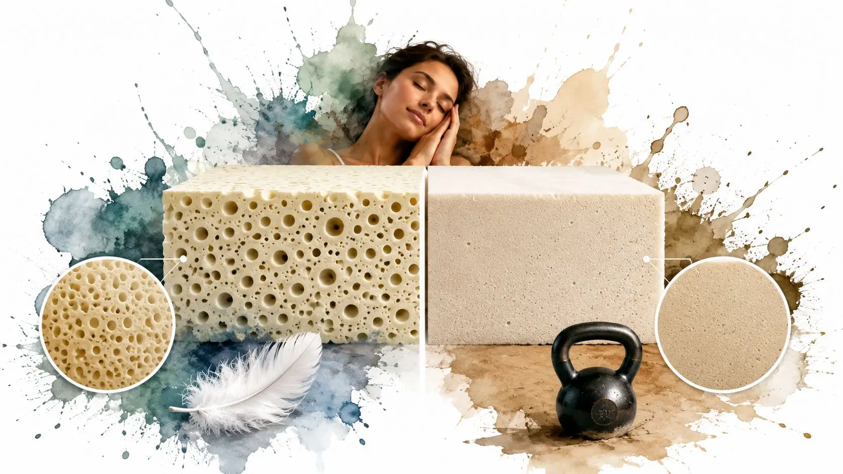 A sleeping woman behind two foam mattress samples, highlighting airy latex versus dense memory foam material.