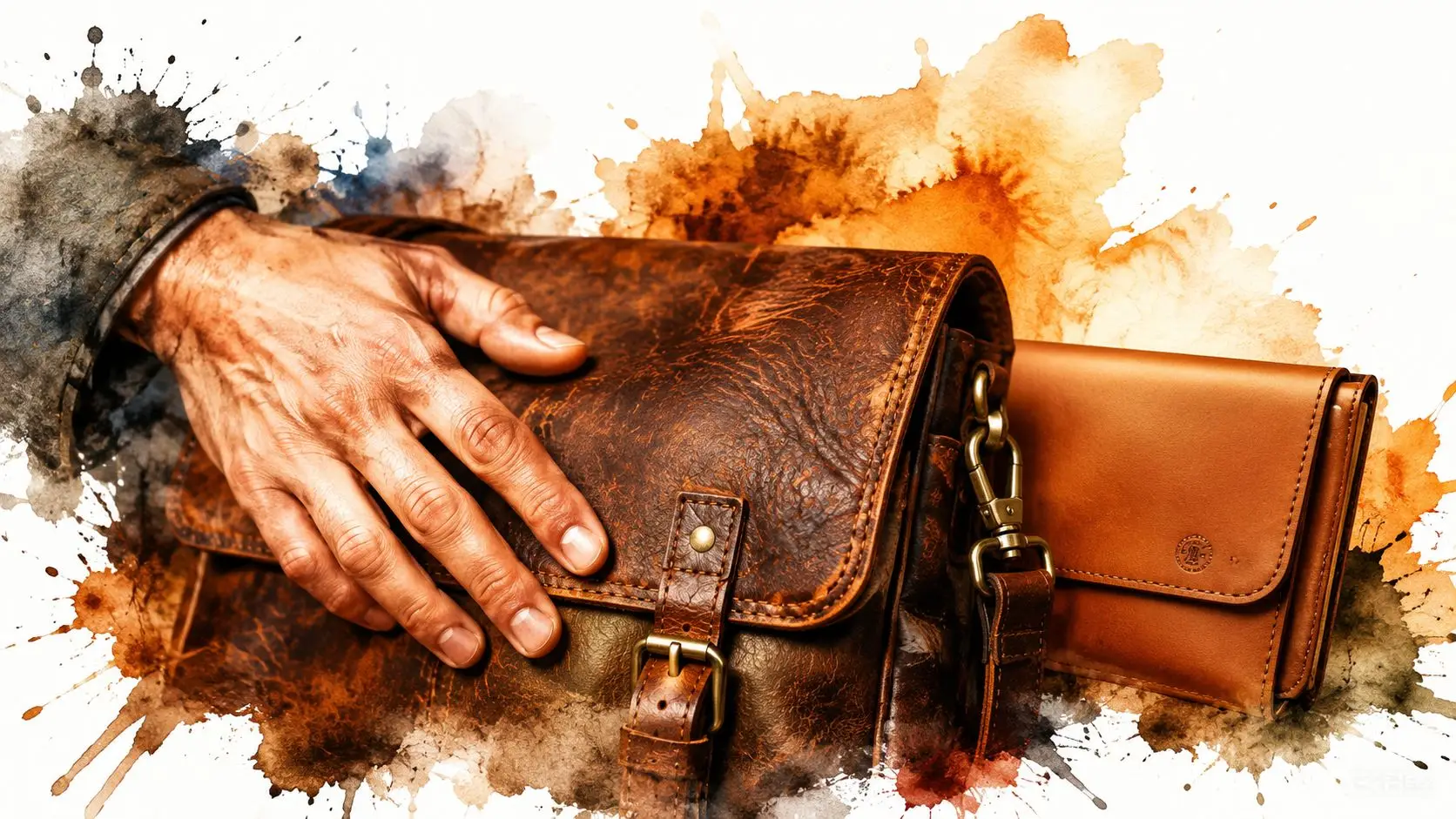 A hand rests on a rustic leather messenger bag beside a matching leather wallet on white background.