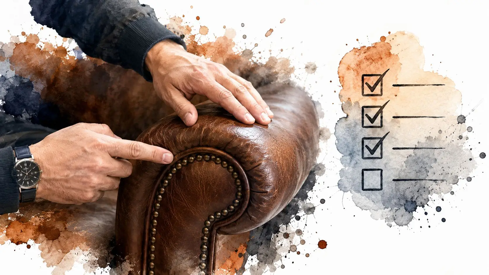 A person touching a leather couch armrest with a checklist graphic illustrated beside the furniture piece.