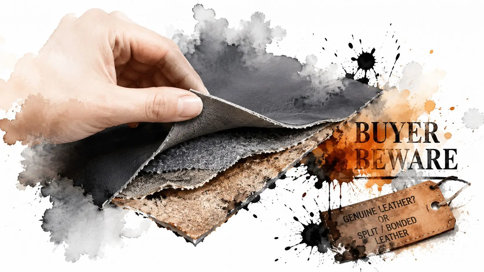 A hand peeling apart layers of different leather grades on a background with ink splatters and a tag.