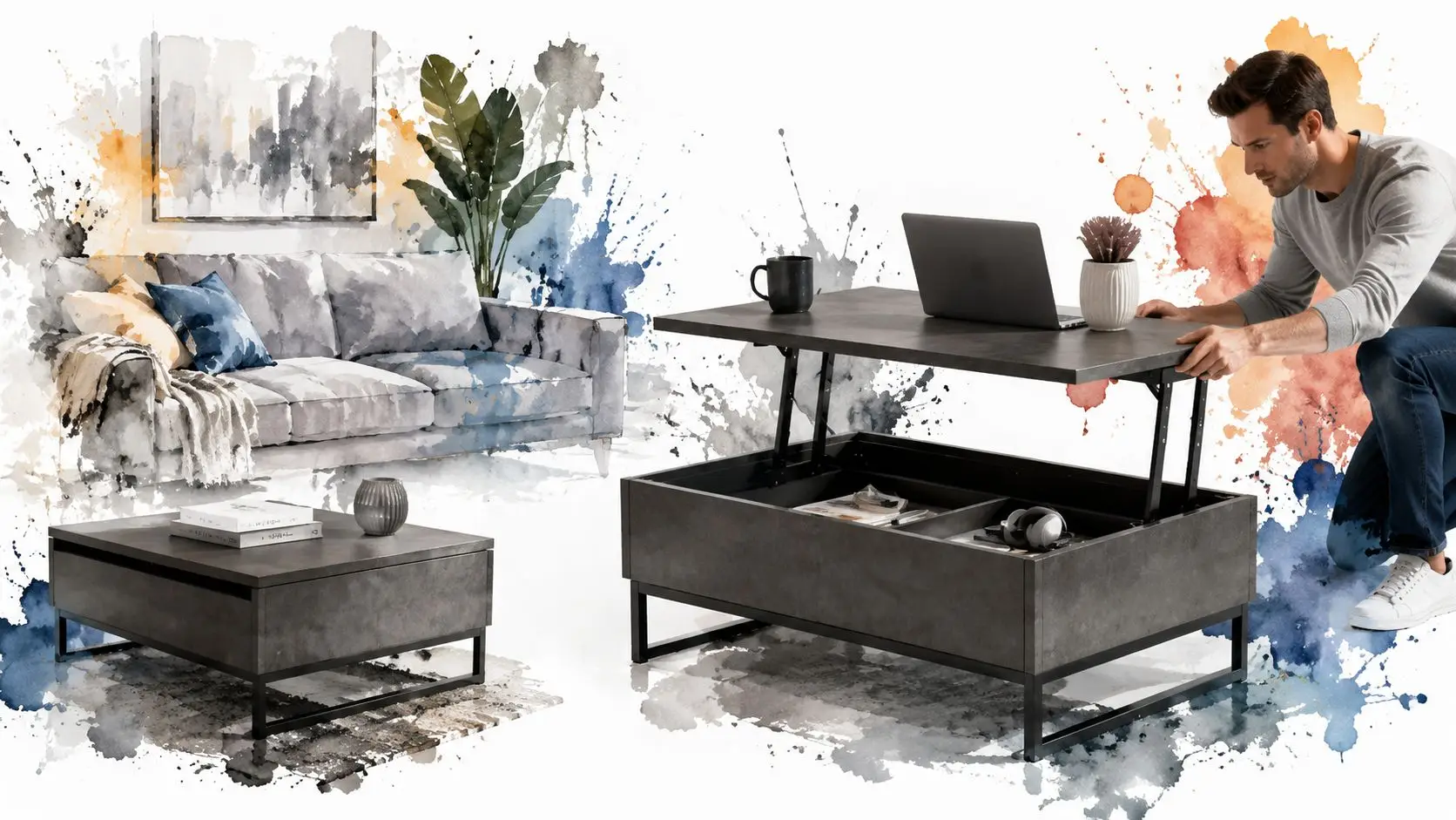 A man demonstrating a dark gray lift top coffee table with interior storage next to a sofa.