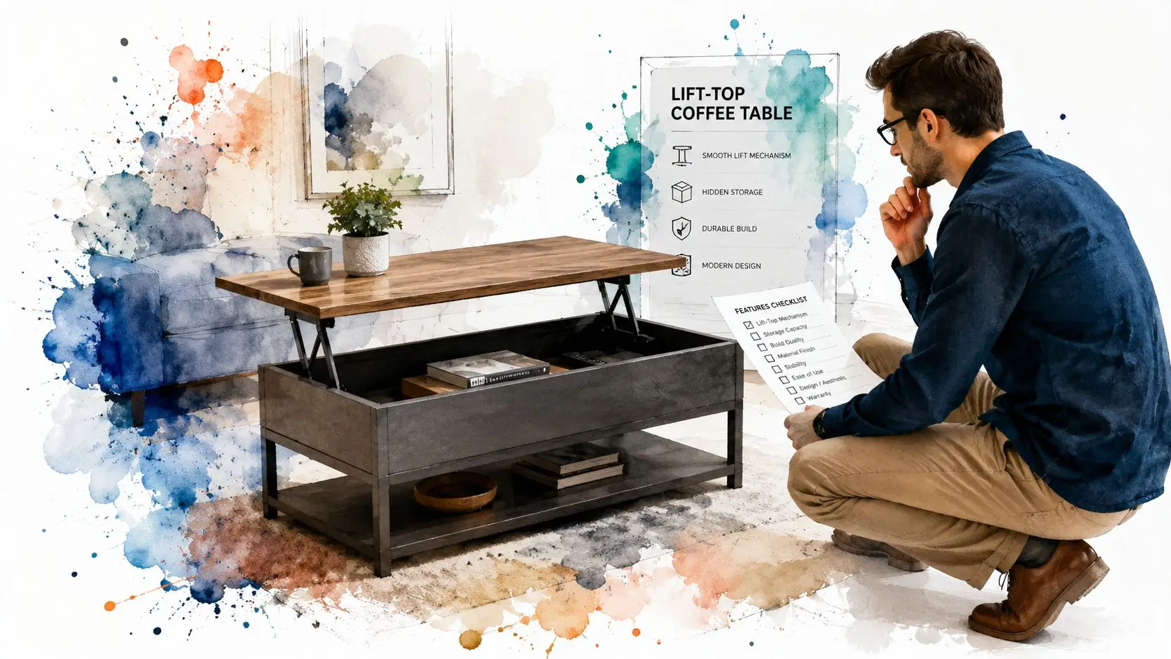 A man inspecting a modern lift-top coffee table with hidden storage while checking a feature list.