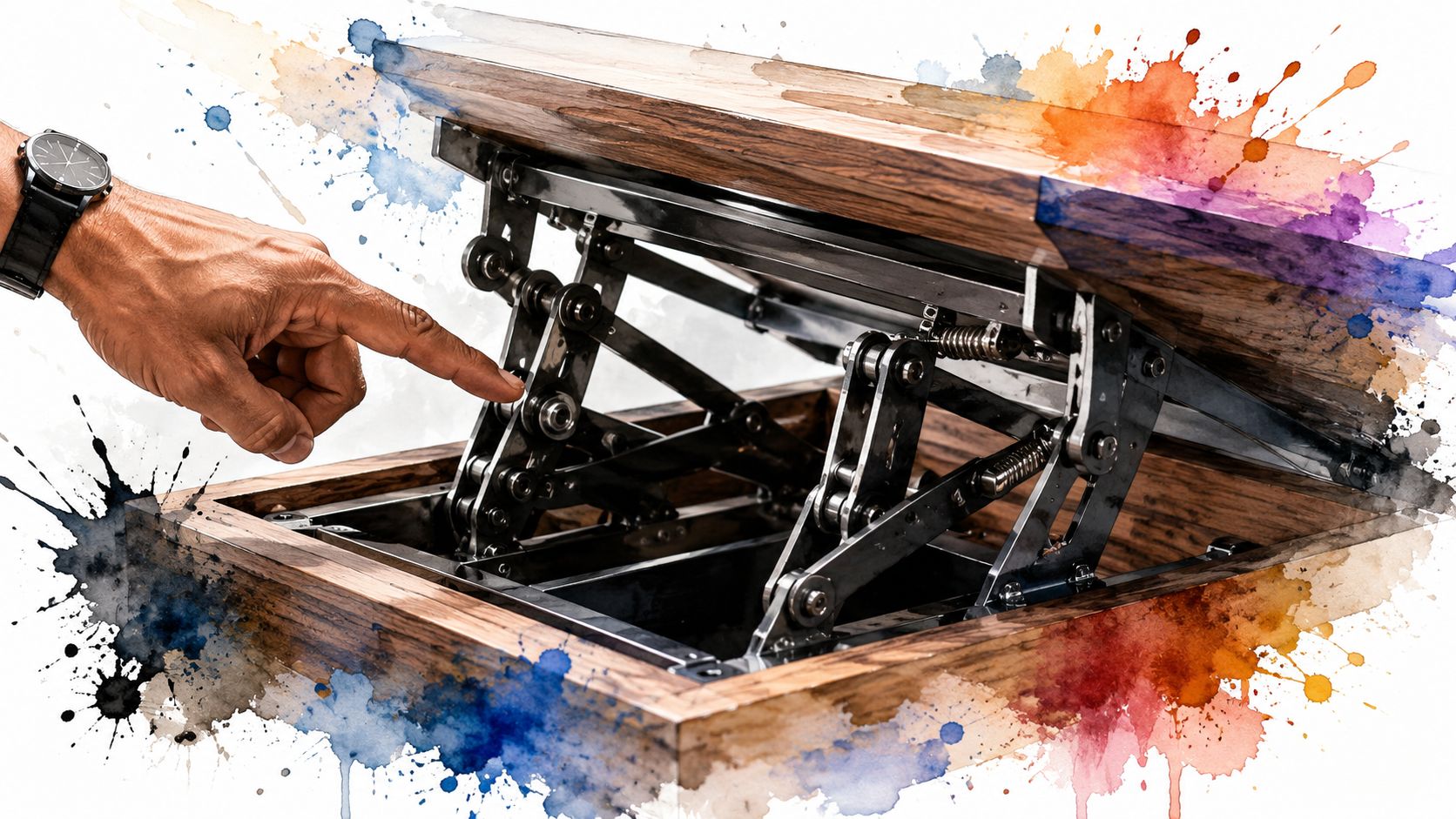 A close-up view of a mechanical scissor hinge lifting a wooden coffee table top for storage access.